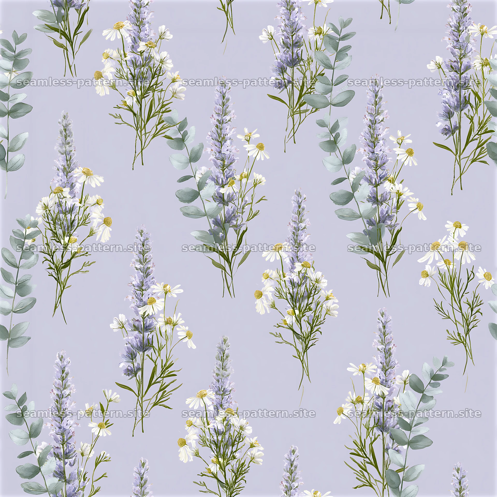 Seamless watercolor garden pattern with lavender and chamomile flowers — seamless tileable pattern at 8192x8192