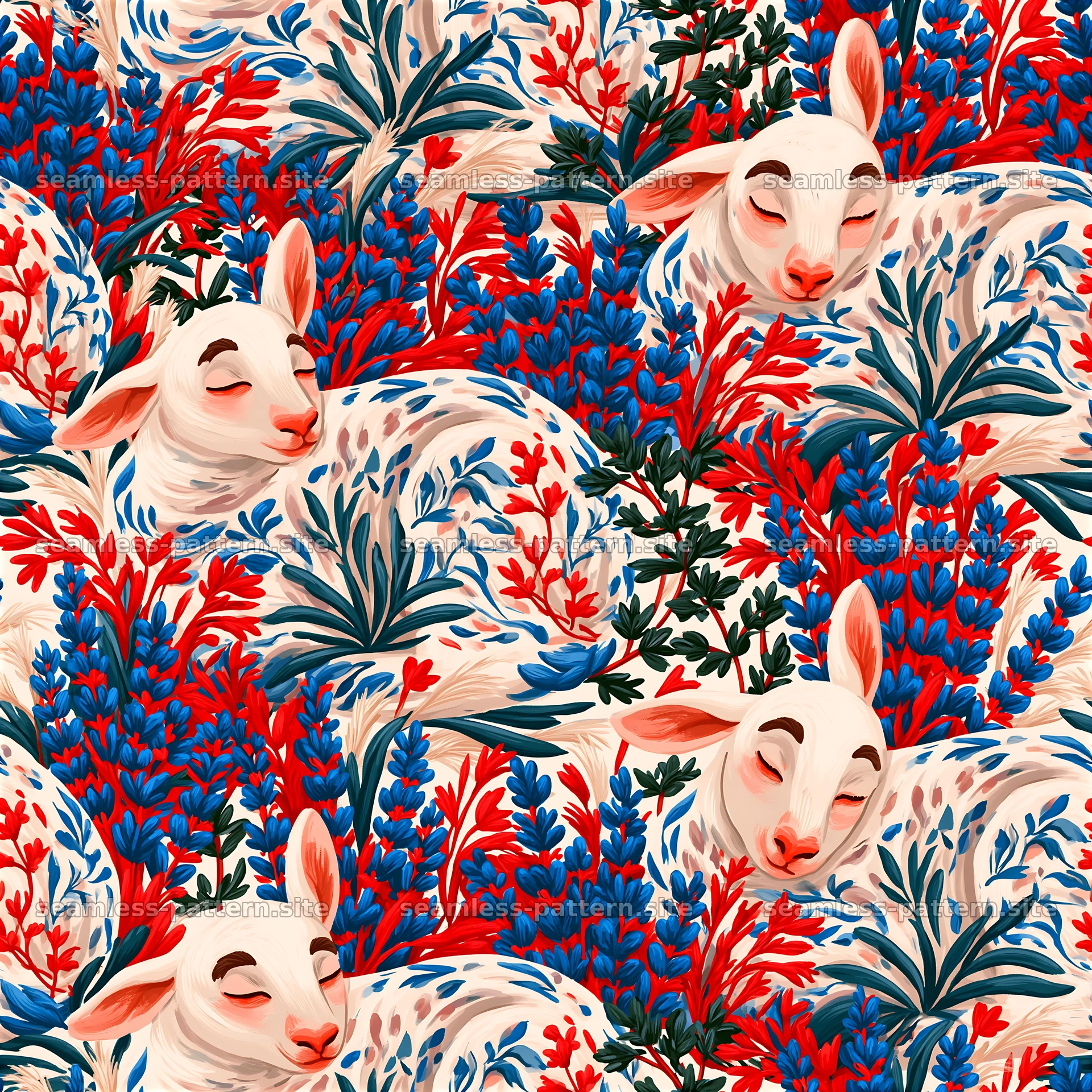 Lambs and Botanical Foliage Seamless Pattern — seamless tileable pattern at 8192x8192
