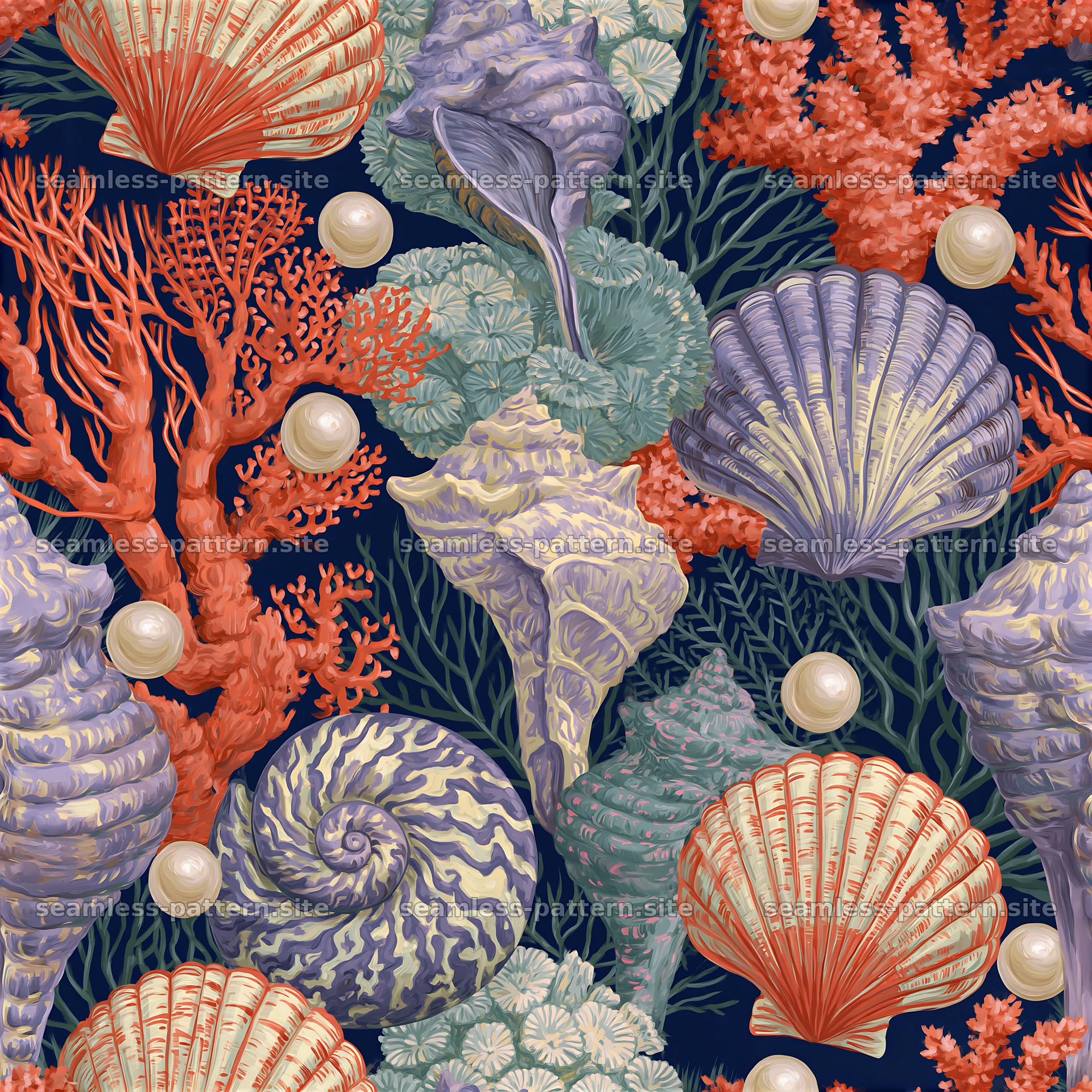 Colorful gouache seamless pattern with shells and coral on dark background — seamless tileable pattern at 8192x8192