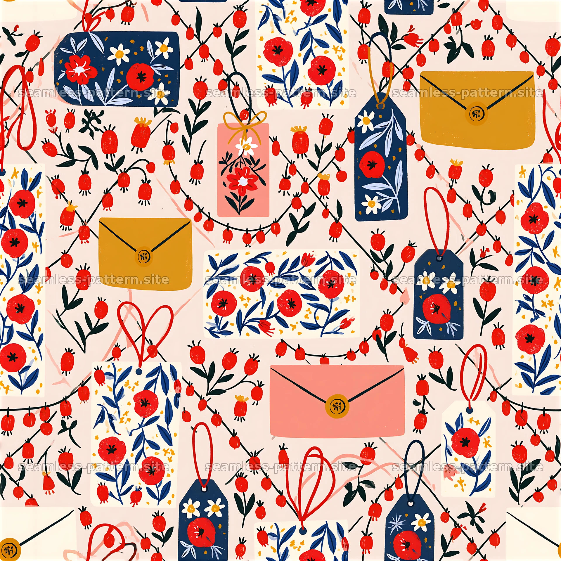 Floral envelopes and berry branches seamless pattern — seamless tileable pattern at 8192x8192
