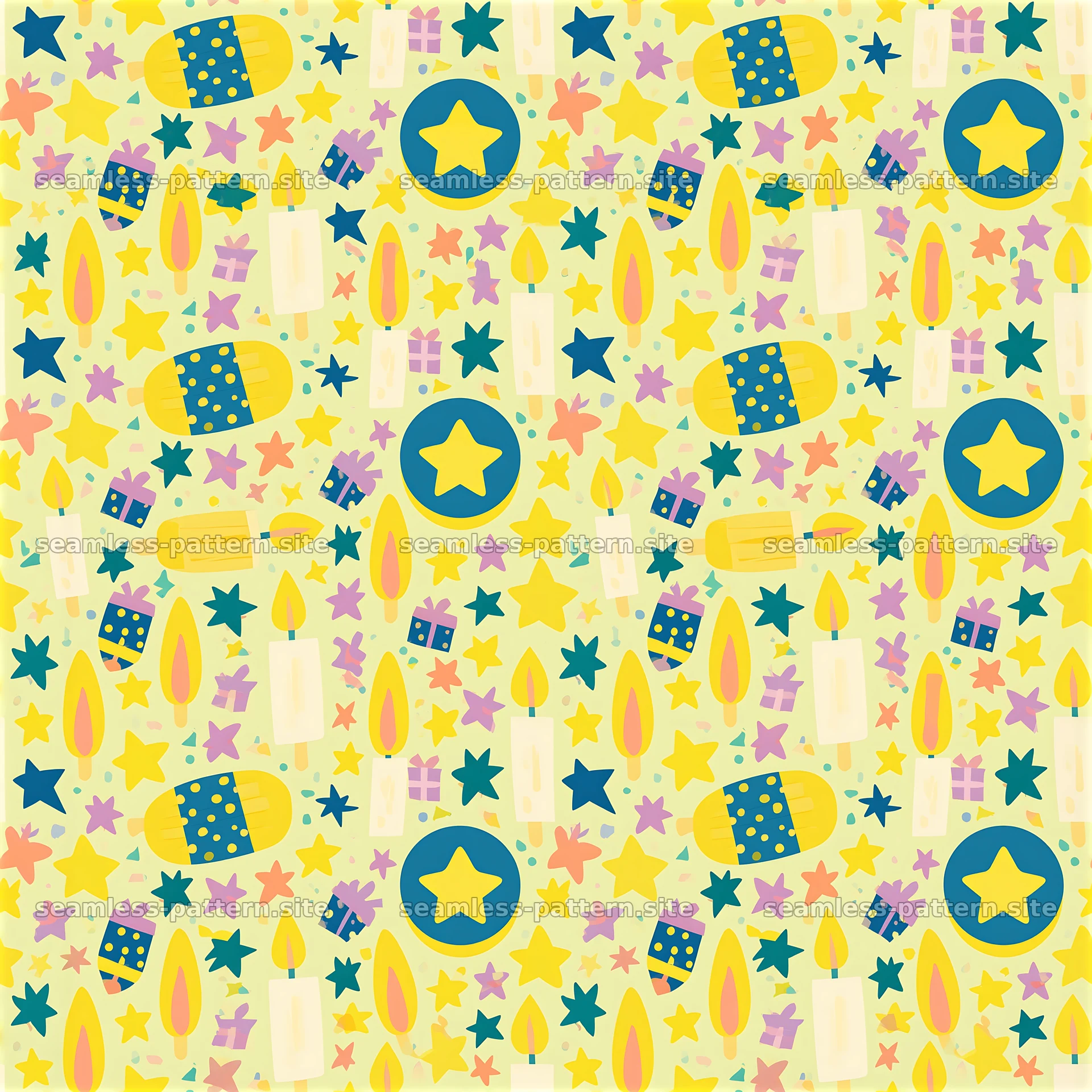Colorful and playful design of birthday-themed items in repeat — seamless tileable pattern at 8192x8192
