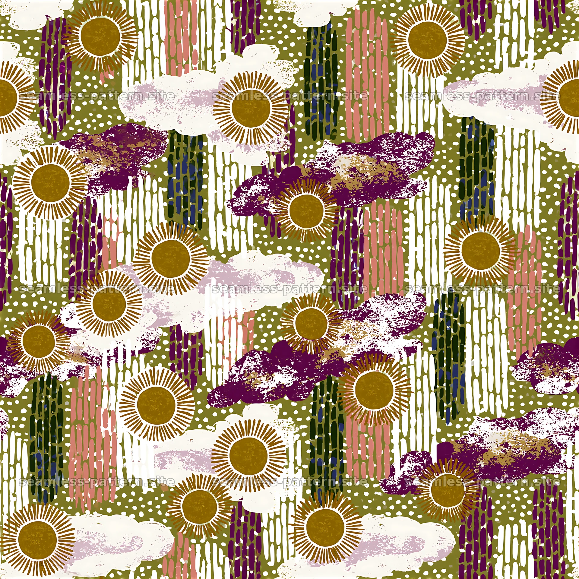 Colorful pattern with clouds and suns in soft hues — seamless tileable pattern at 8192x8192