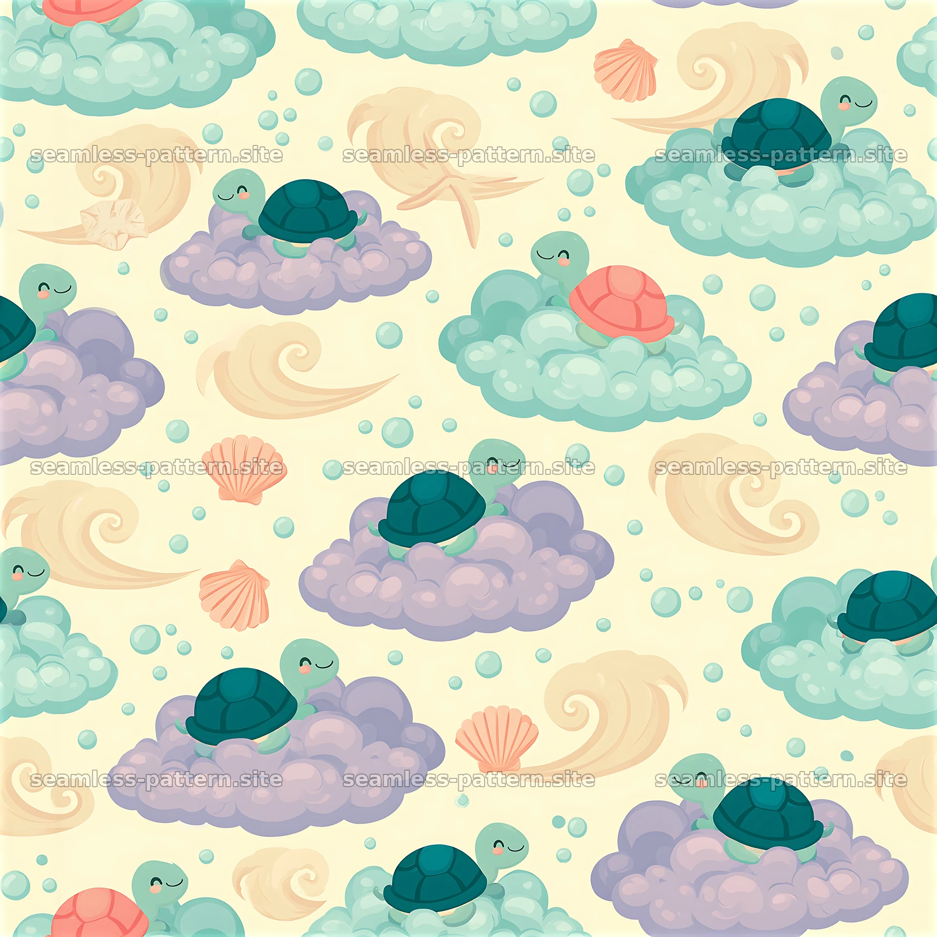 Cute turtle seamless pattern with turtles on clouds and bubbles — seamless tileable pattern at 8192x8192