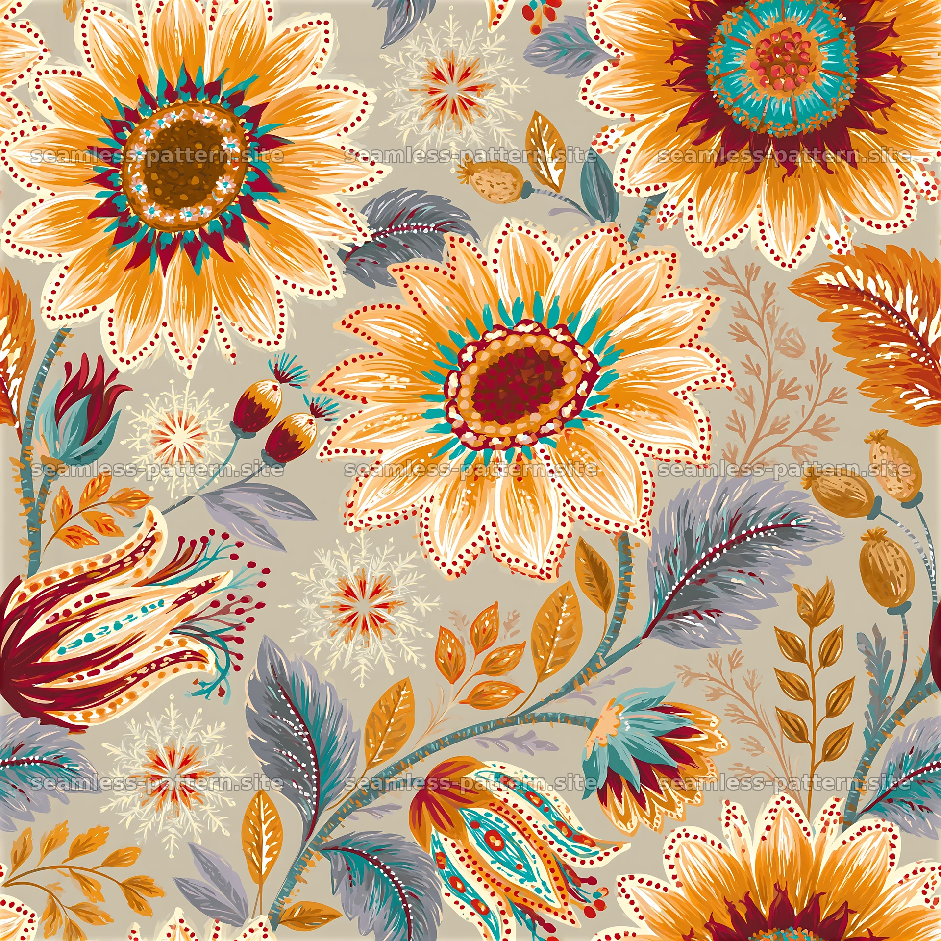 Floral seamless pattern with large sunflowers and colorful foliage — seamless tileable pattern at 8192x8192