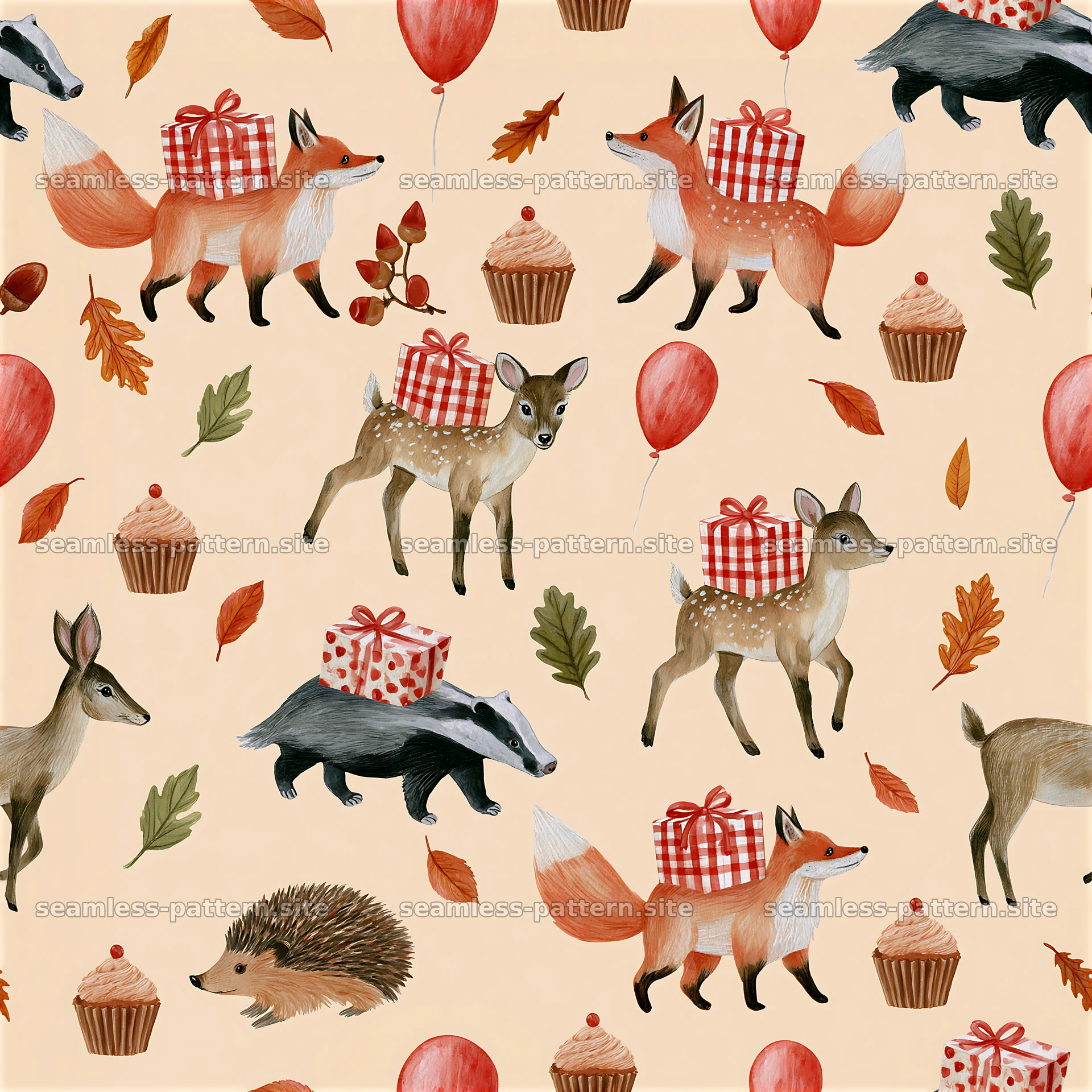 Woodland animals with gifts and balloons in a festive design — seamless tileable pattern at 8192x8192