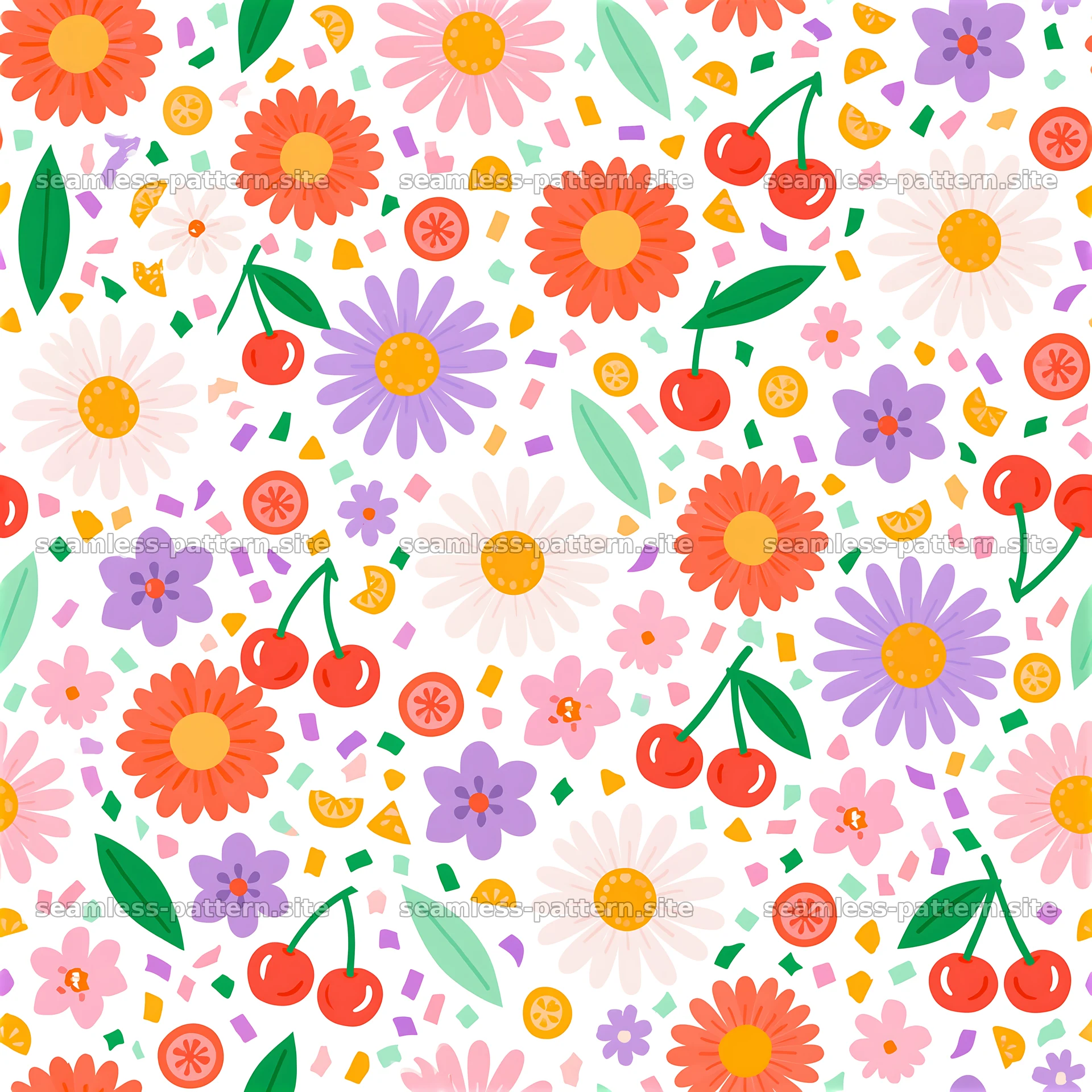 Colorful Kitsch Floral and Cherry Seamless Pattern — seamless tileable pattern at 8192x8192