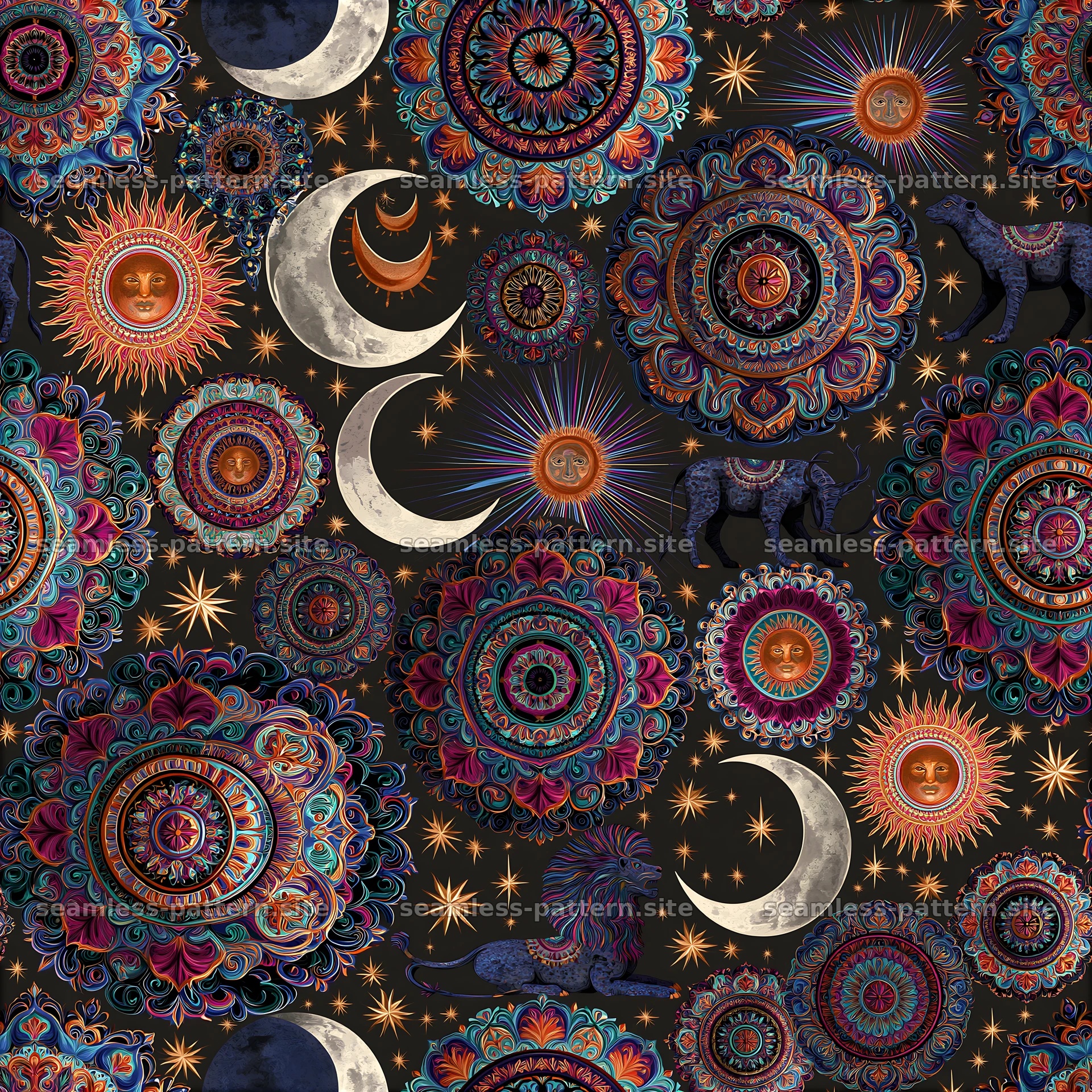 Colorful astrology seamless pattern with sun, moon, stars, and animals — seamless tileable pattern at 8192x8192
