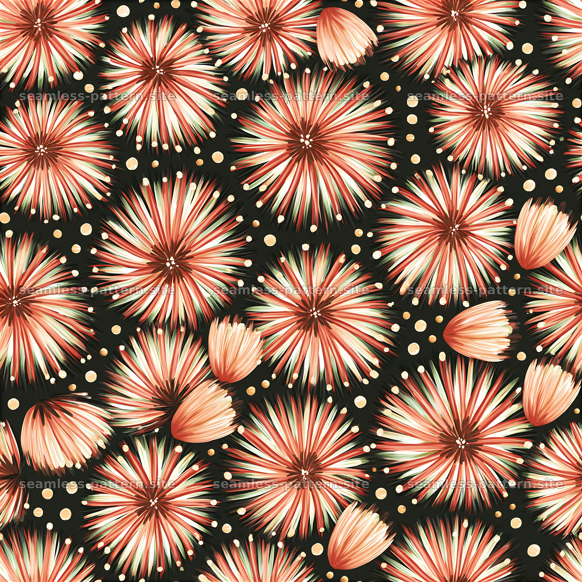 Sunburst Flower Motif on Black Seamless Pattern — seamless tileable pattern at 8192x8192
