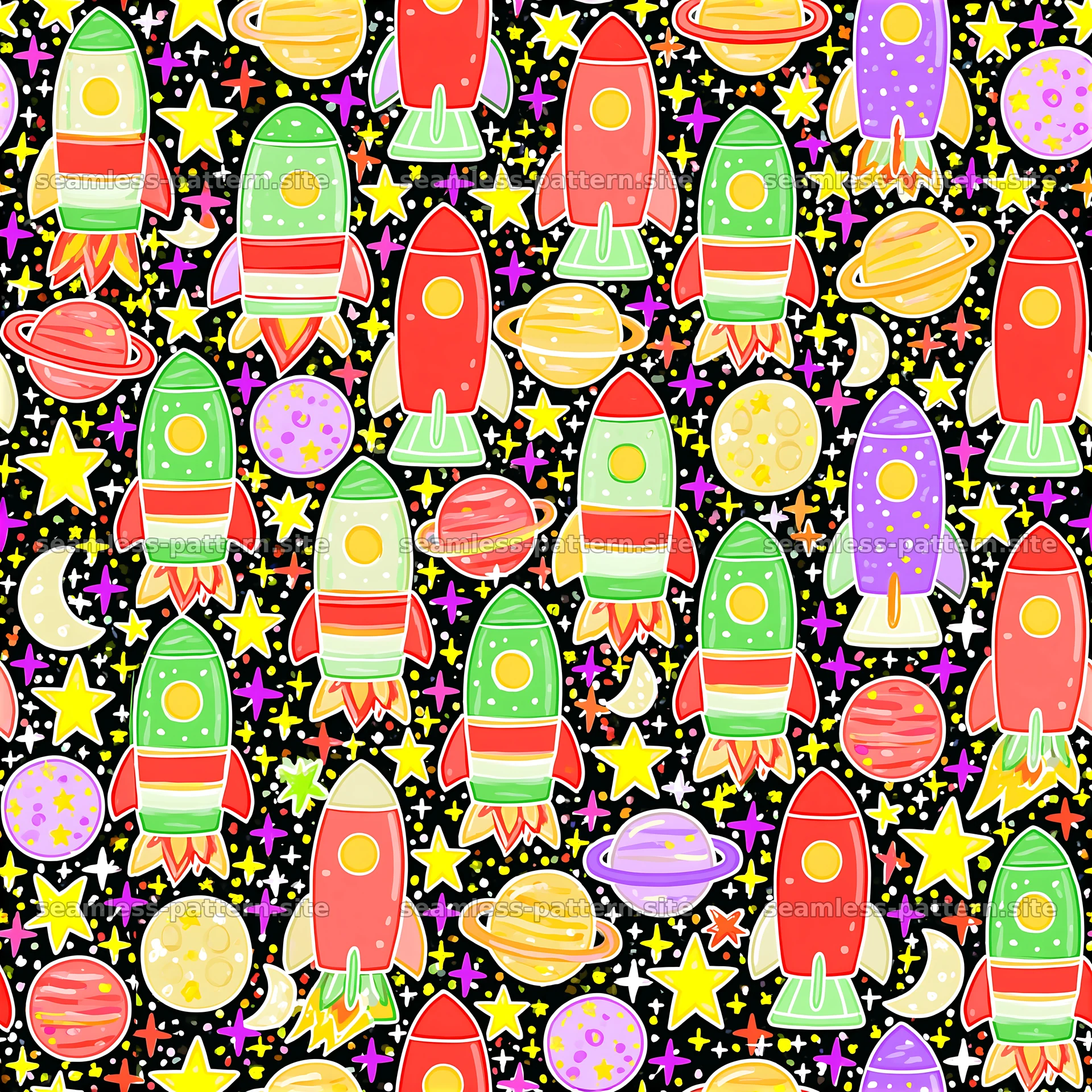 Colorful rockets and planets seamless pattern for birthday themes — seamless tileable pattern at 8192x8192
