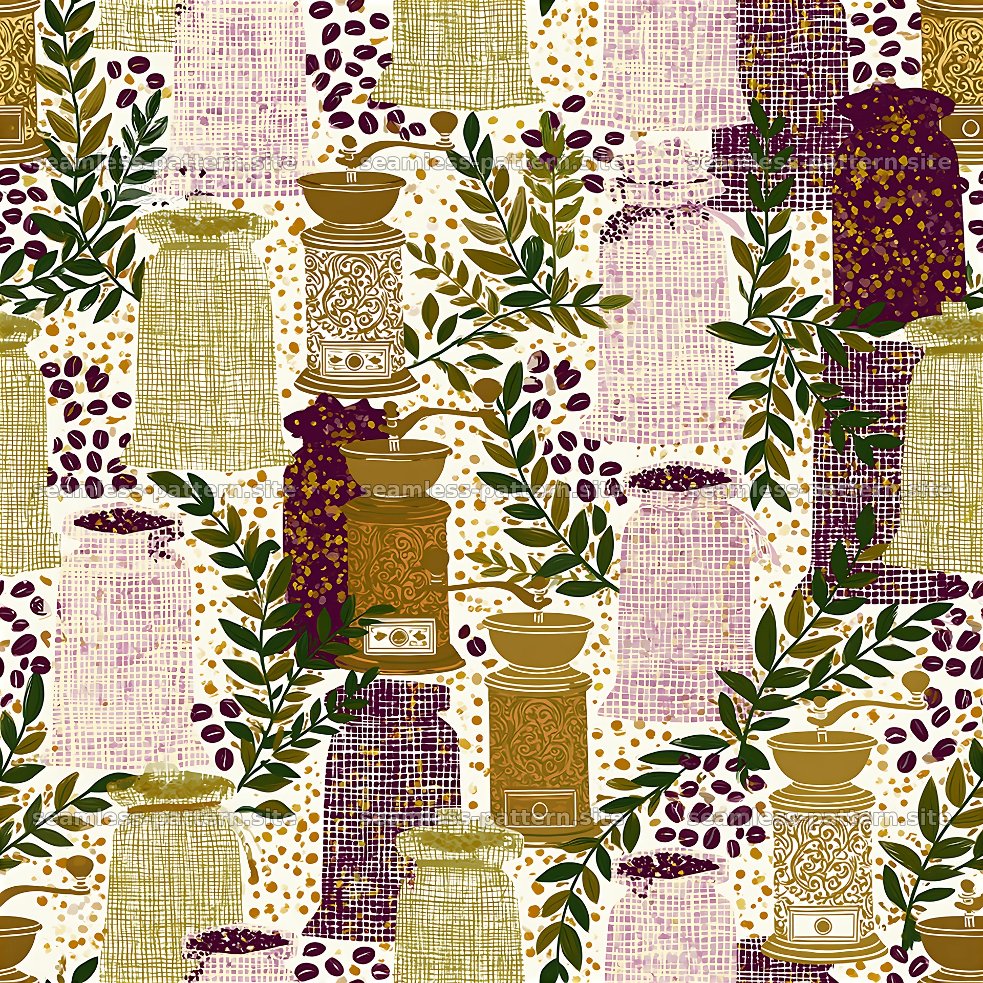 Vintage coffee grinder and bean seamless pattern design — seamless tileable pattern at 8192x8192