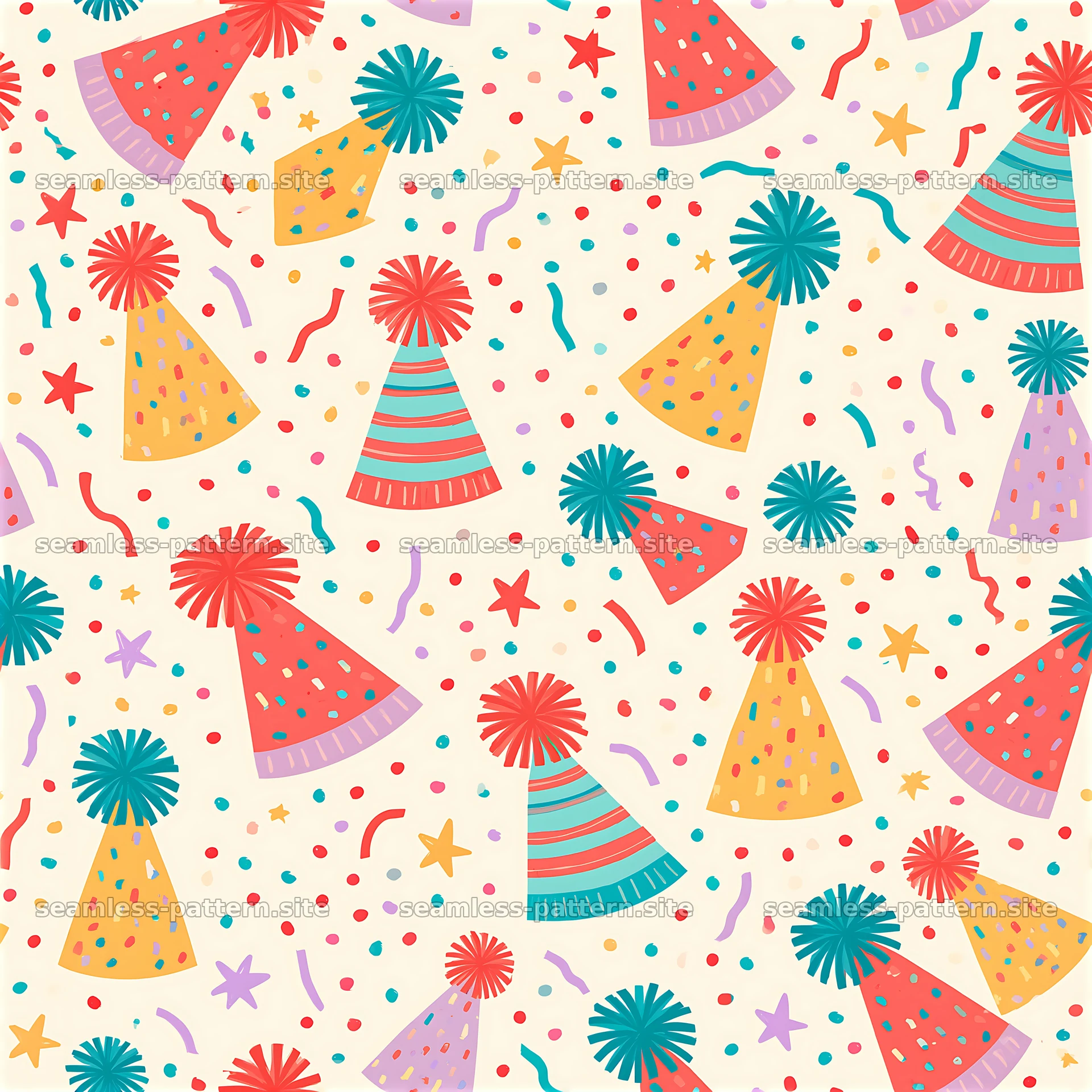 Birthday party hats seamless pattern showing colorful party elements — seamless tileable pattern at 8192x8192