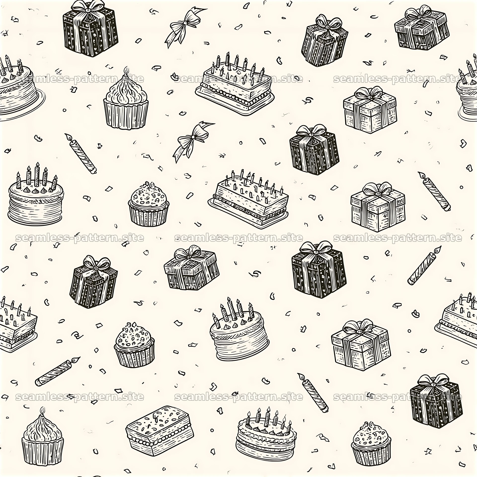 Birthday Cakes and Gifts Seamless Pattern — seamless tileable pattern at 8192x8192