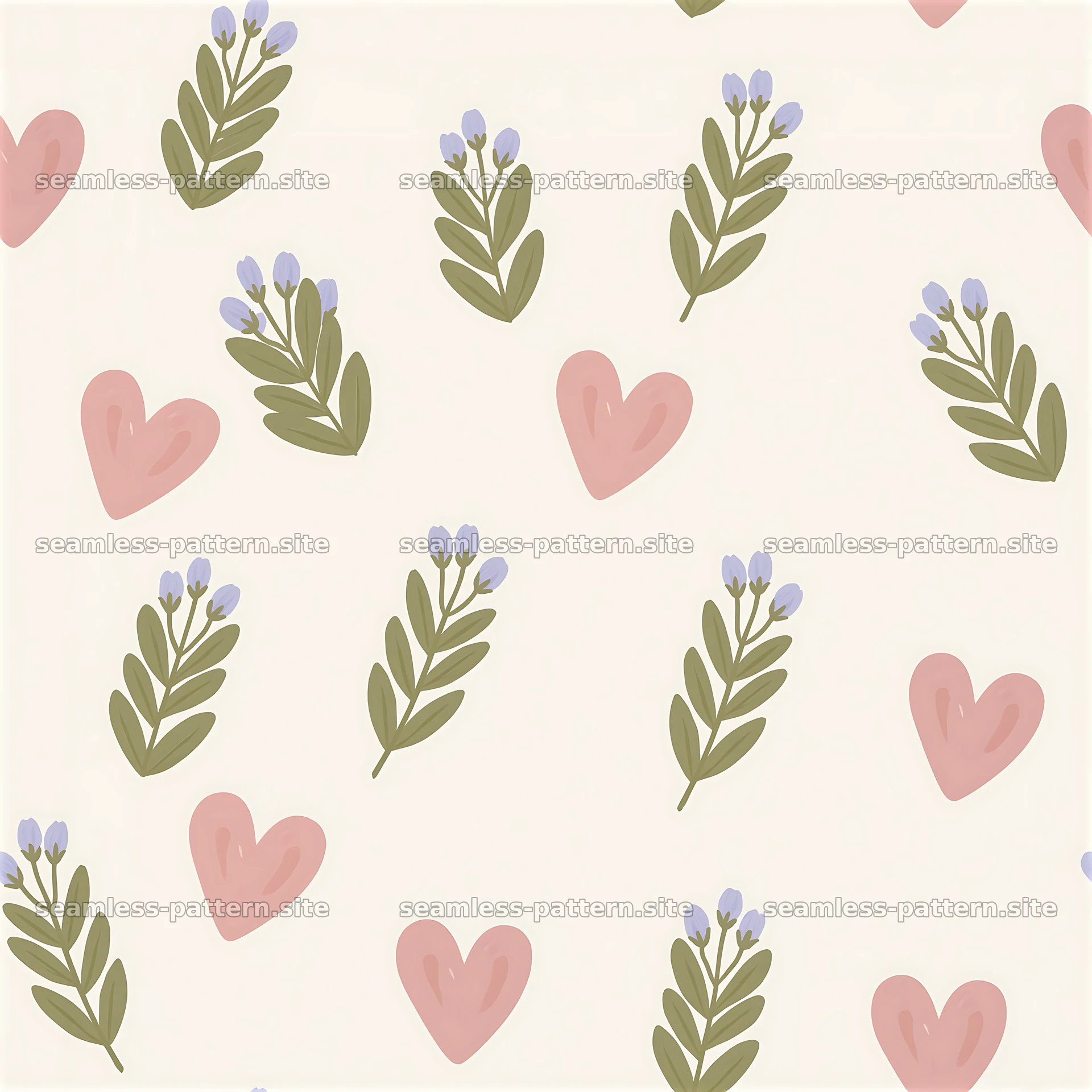 Seamless heart and botanical sprig pattern — seamless tileable pattern at 8192x8192