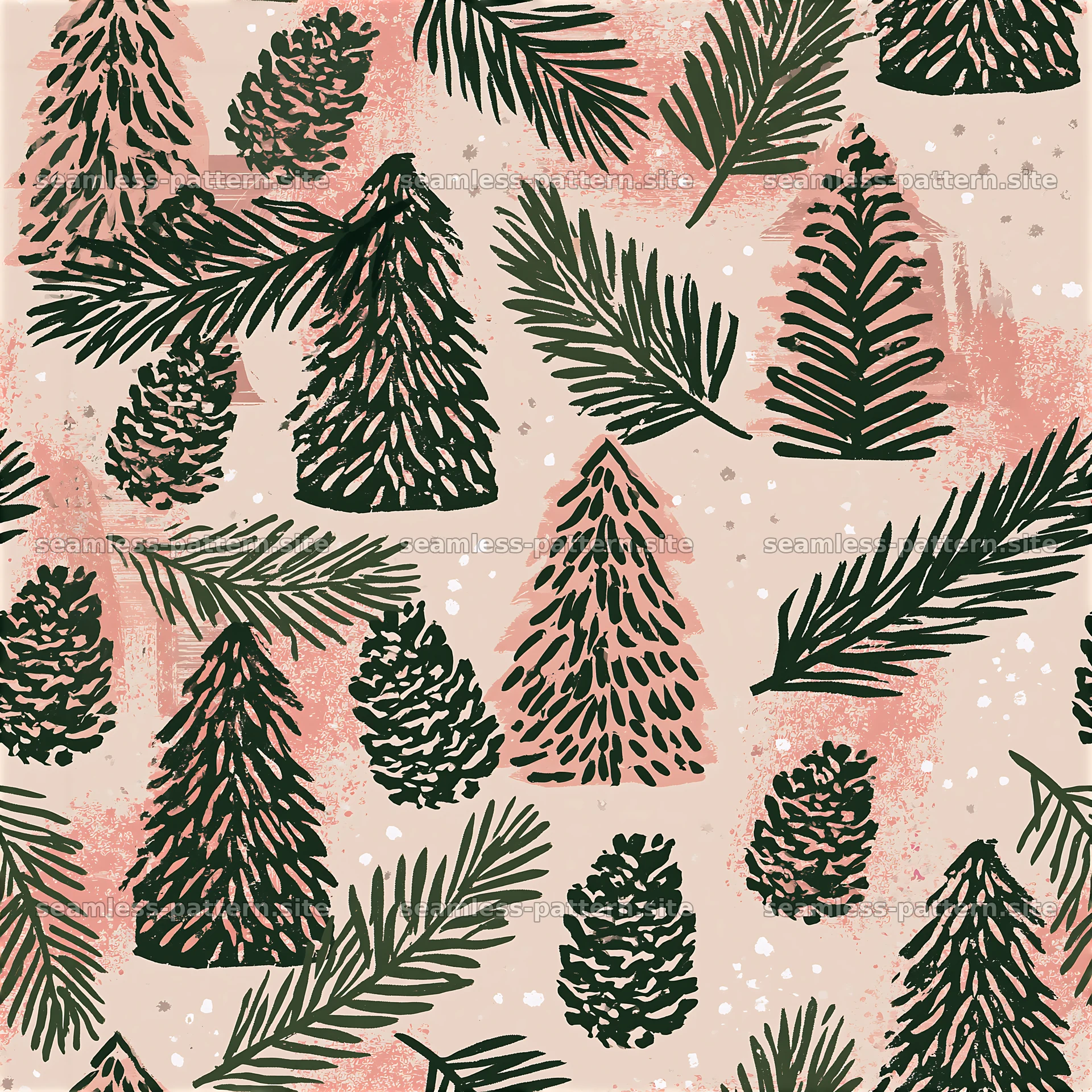 Seamless fir tree pattern in dark green on soft pink background — seamless tileable pattern at 8192x8192