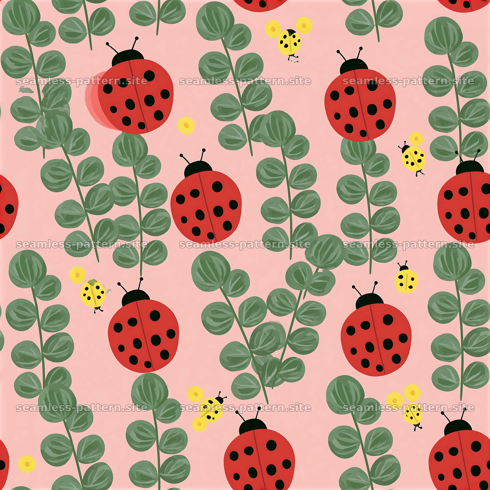 Vibrant ladybugs seamless pattern with lush green leaves on pink background — seamless tileable pattern at 8192x8192
