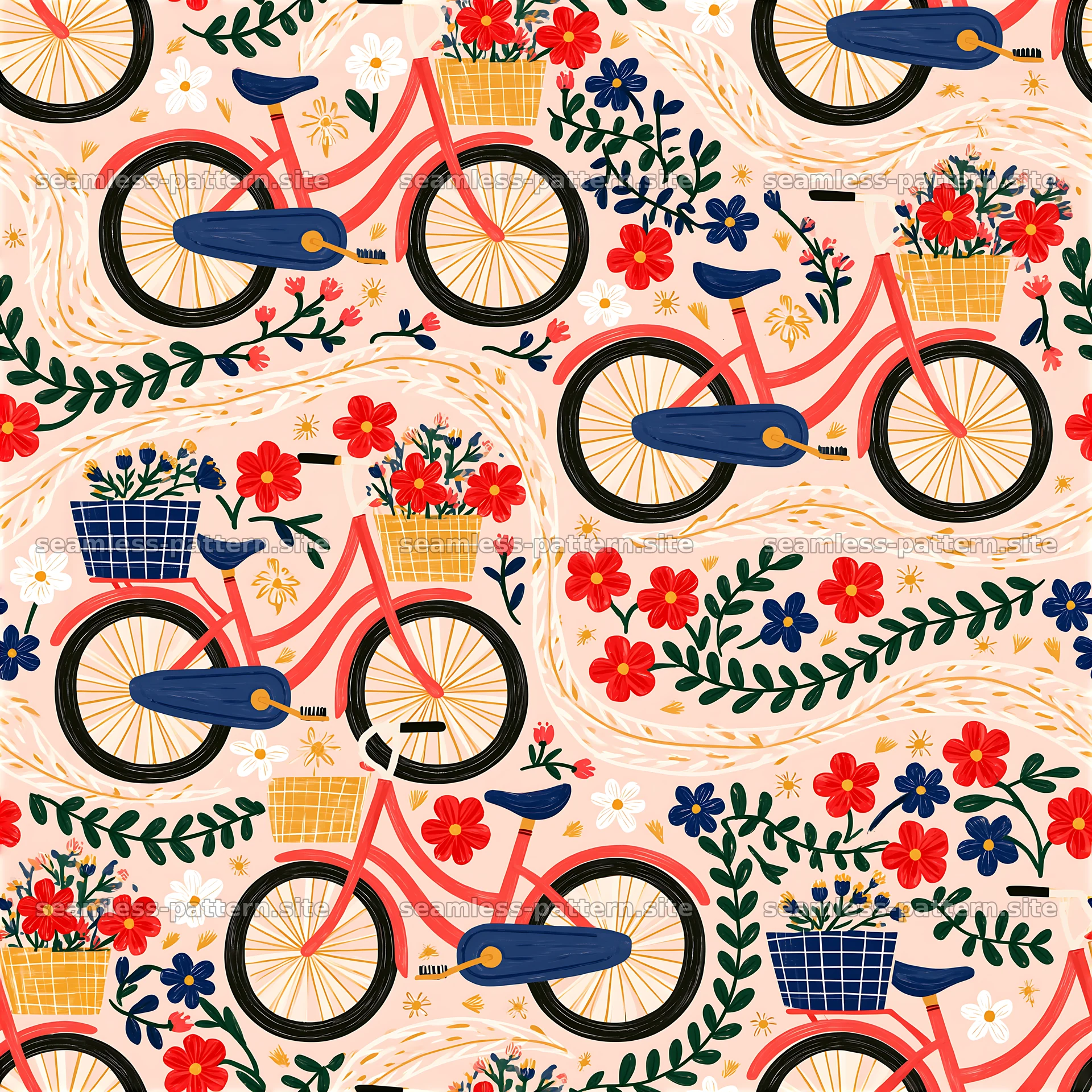 Colorful seamless pattern with bicycles and flowers in baskets — seamless tileable pattern at 8192x8192