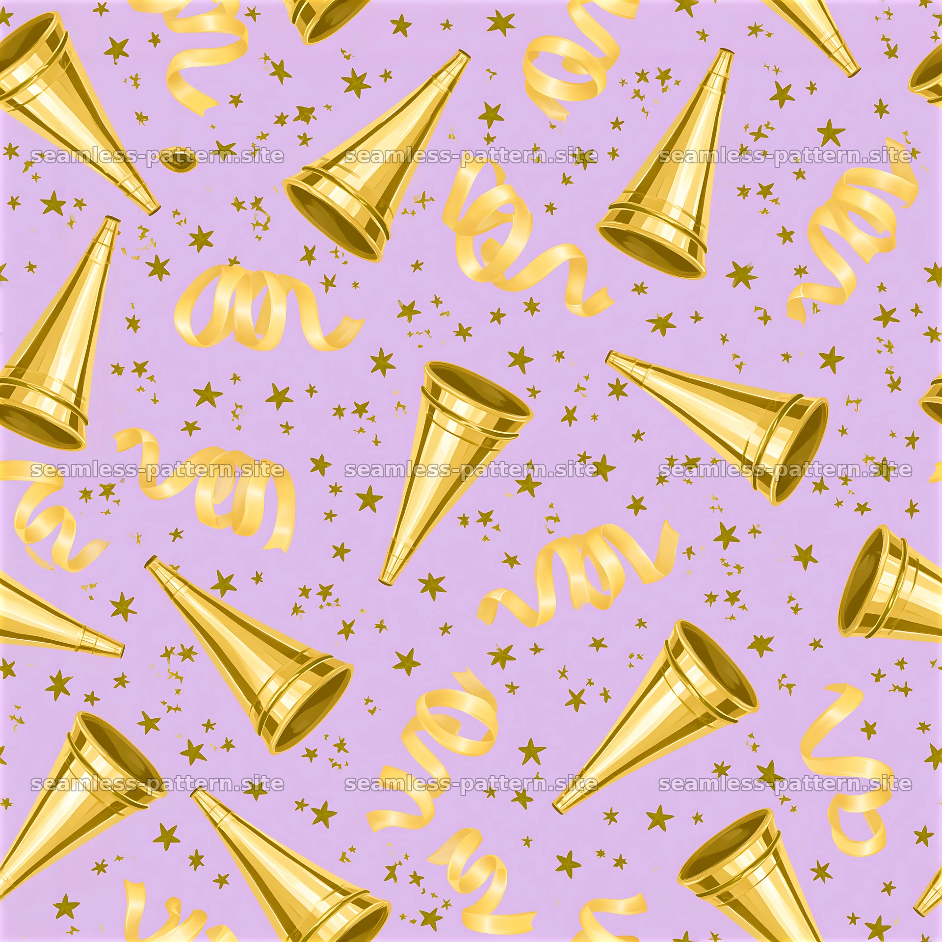 Elegant Gold Party Horns and Streamers Seamless Pattern — seamless tileable pattern at 8192x8192