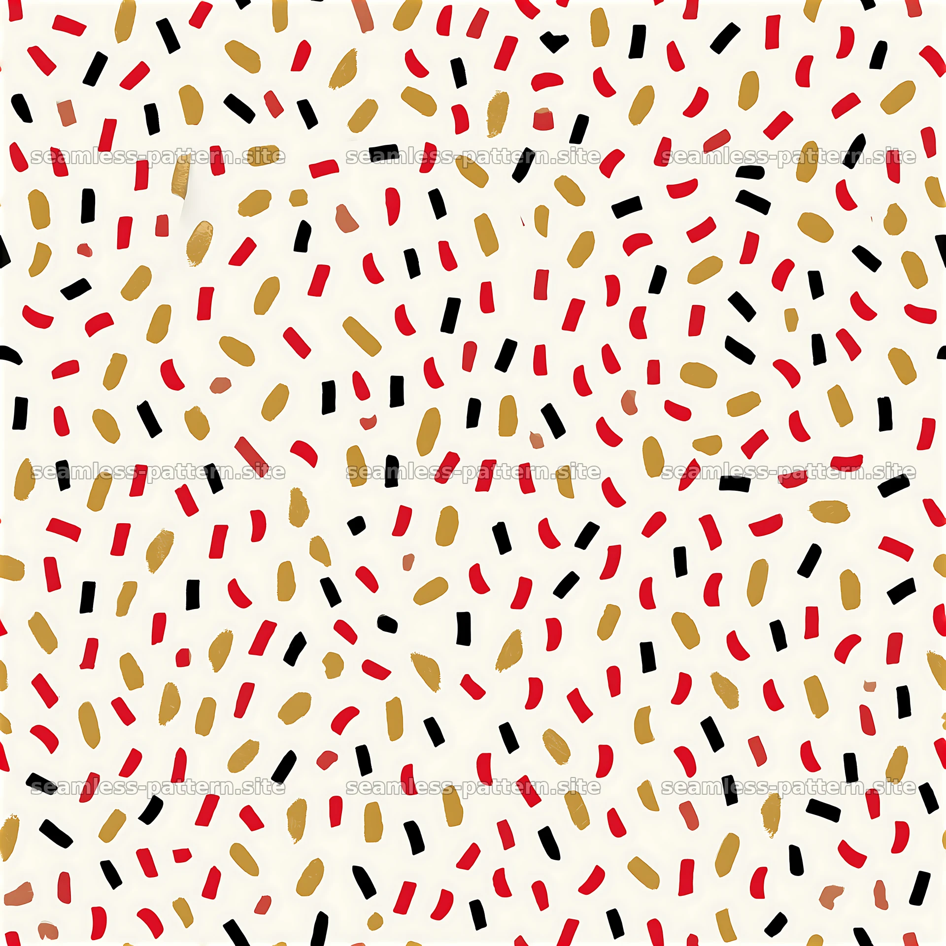 Bold confetti pattern in black, red, and gold on a light background — seamless tileable pattern at 8192x8192