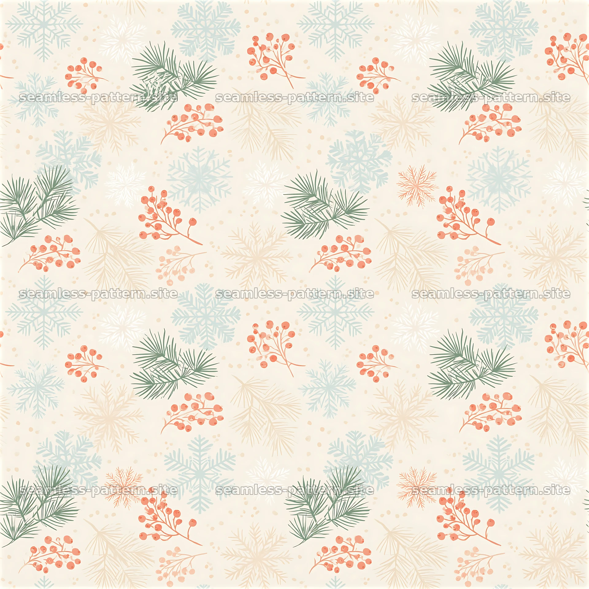 Seamless vintage Christmas pattern with snowflakes and pine — seamless tileable pattern at 8192x8192