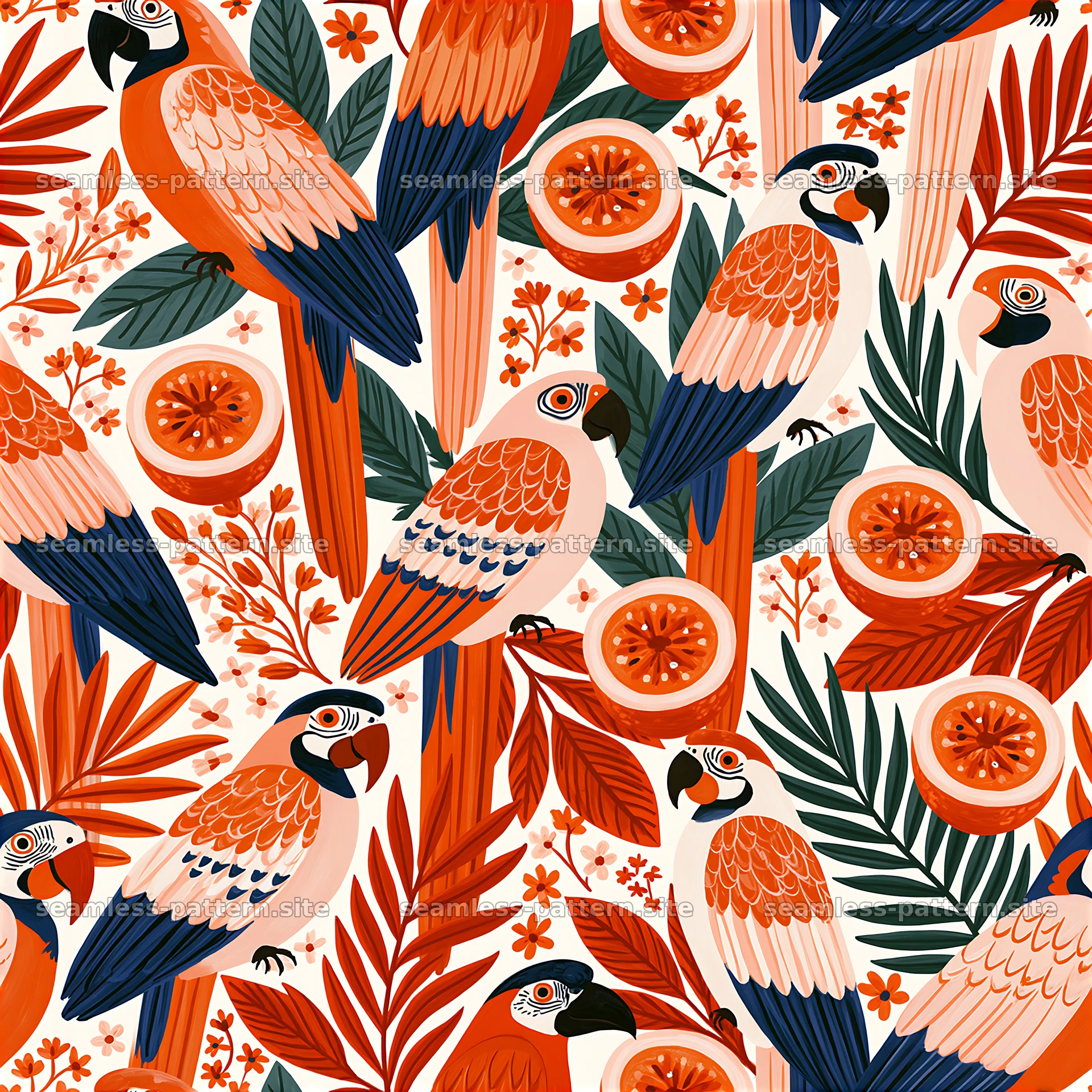 Colorful tropical birds with flowers and fruits in a seamless pattern — seamless tileable pattern at 8192x8192