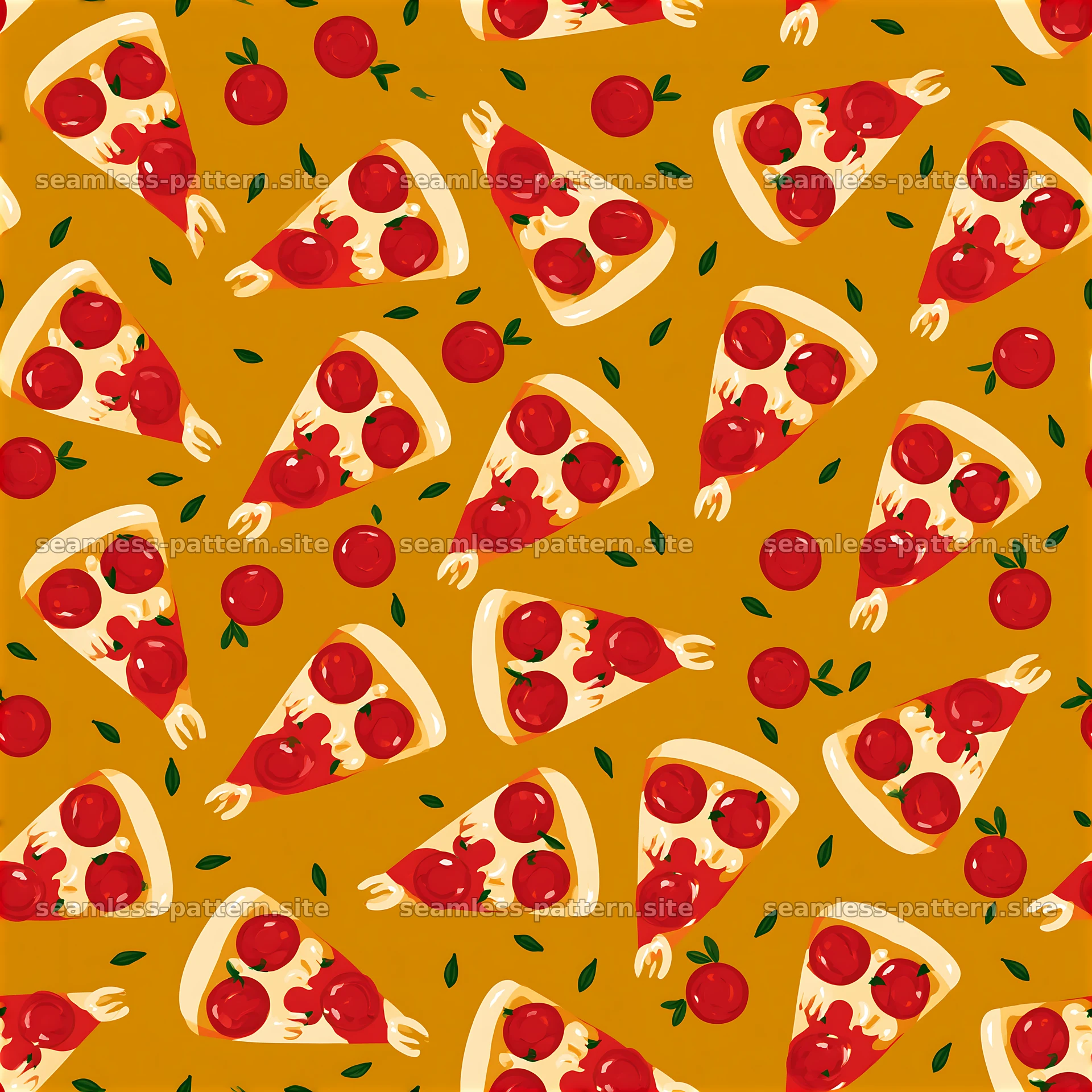Seamless red and yellow pizza pattern with slices and tomatoes — seamless tileable pattern at 8192x8192