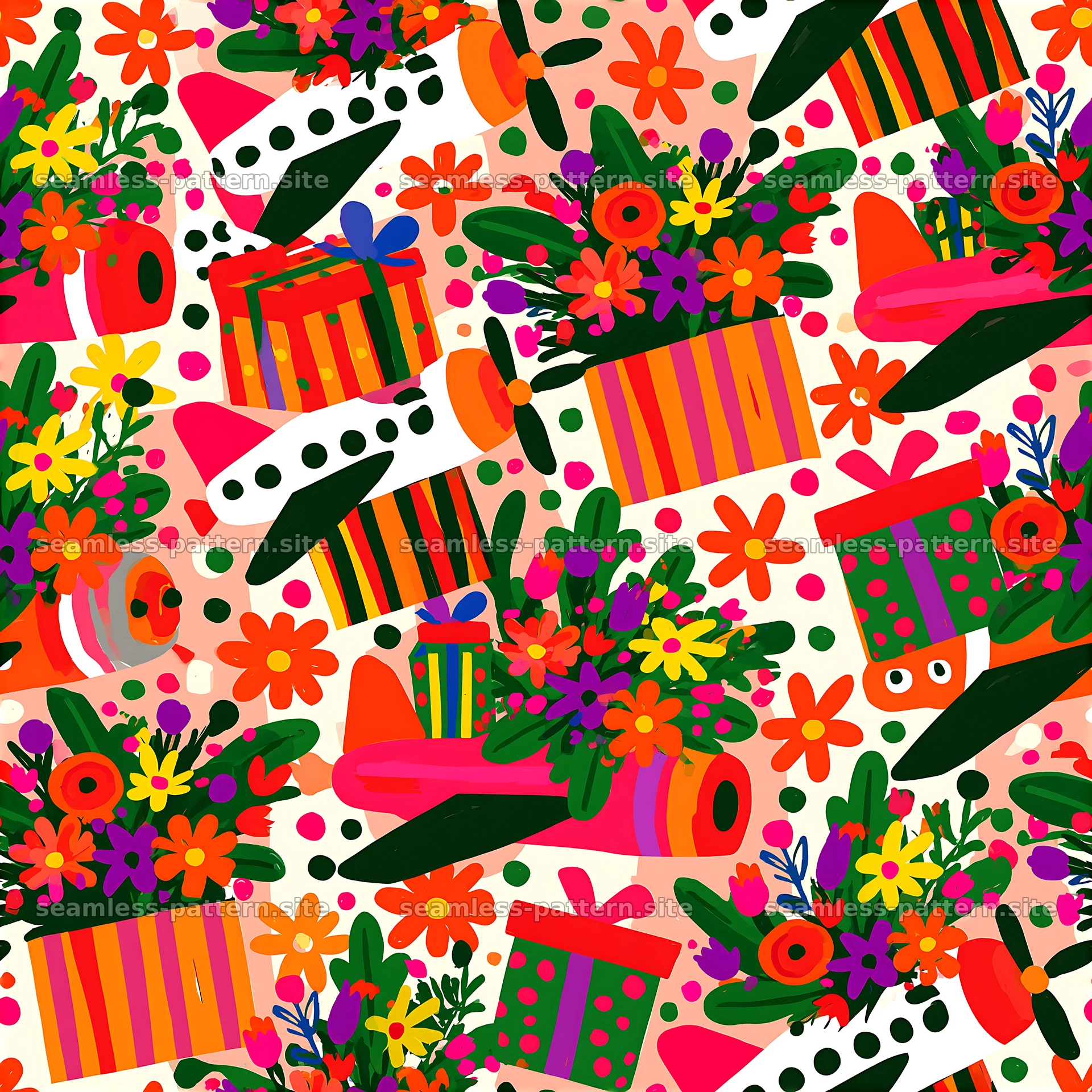 Colorful Birthday Gifts and Flowers Seamless Pattern — seamless tileable pattern at 8192x8192