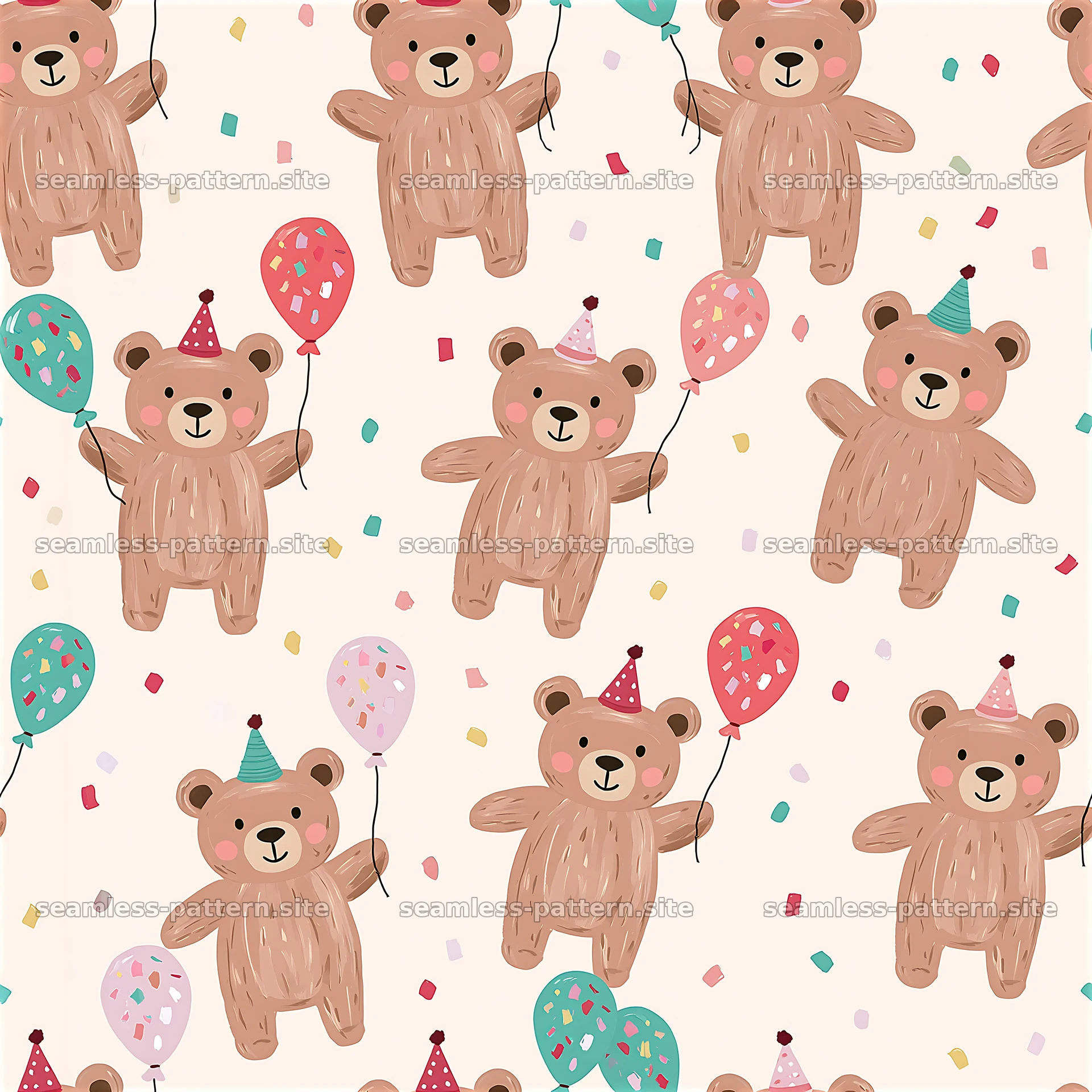 Birthday Teddy Bears Seamless Pattern with Balloons — seamless tileable pattern at 8192x8192