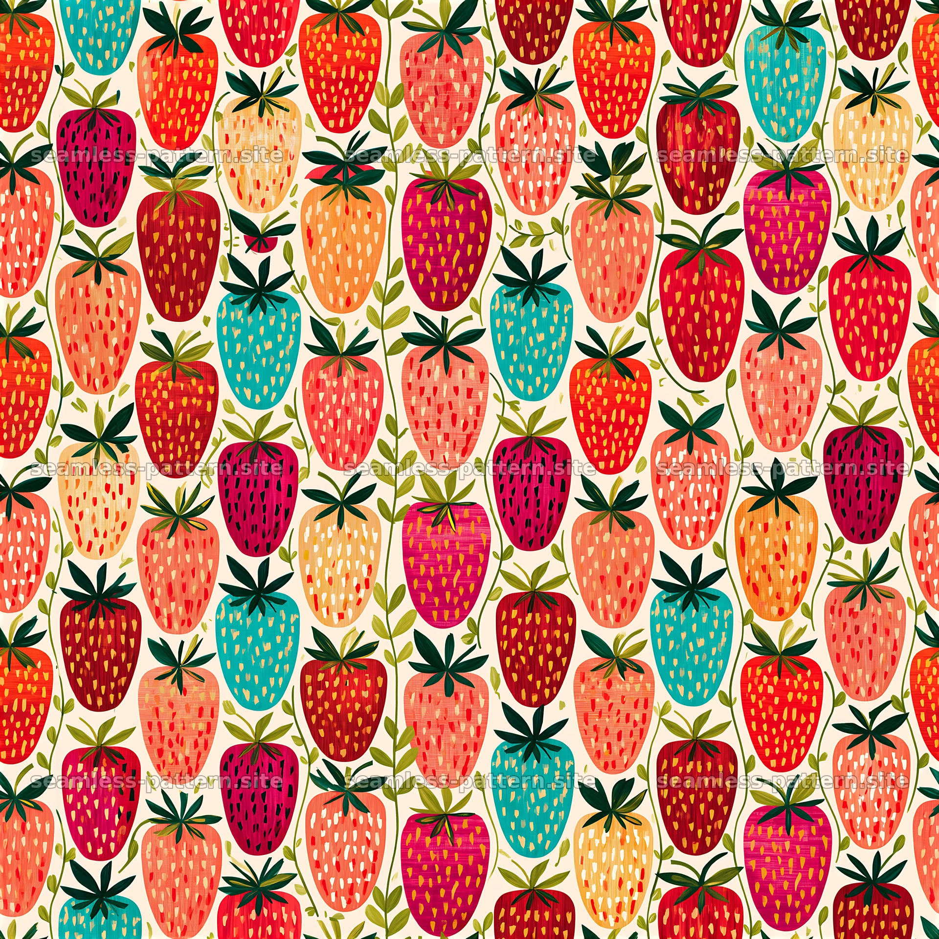 Colorful Strawberry Seamless Pattern with Leaves — seamless tileable pattern at 8192x8192