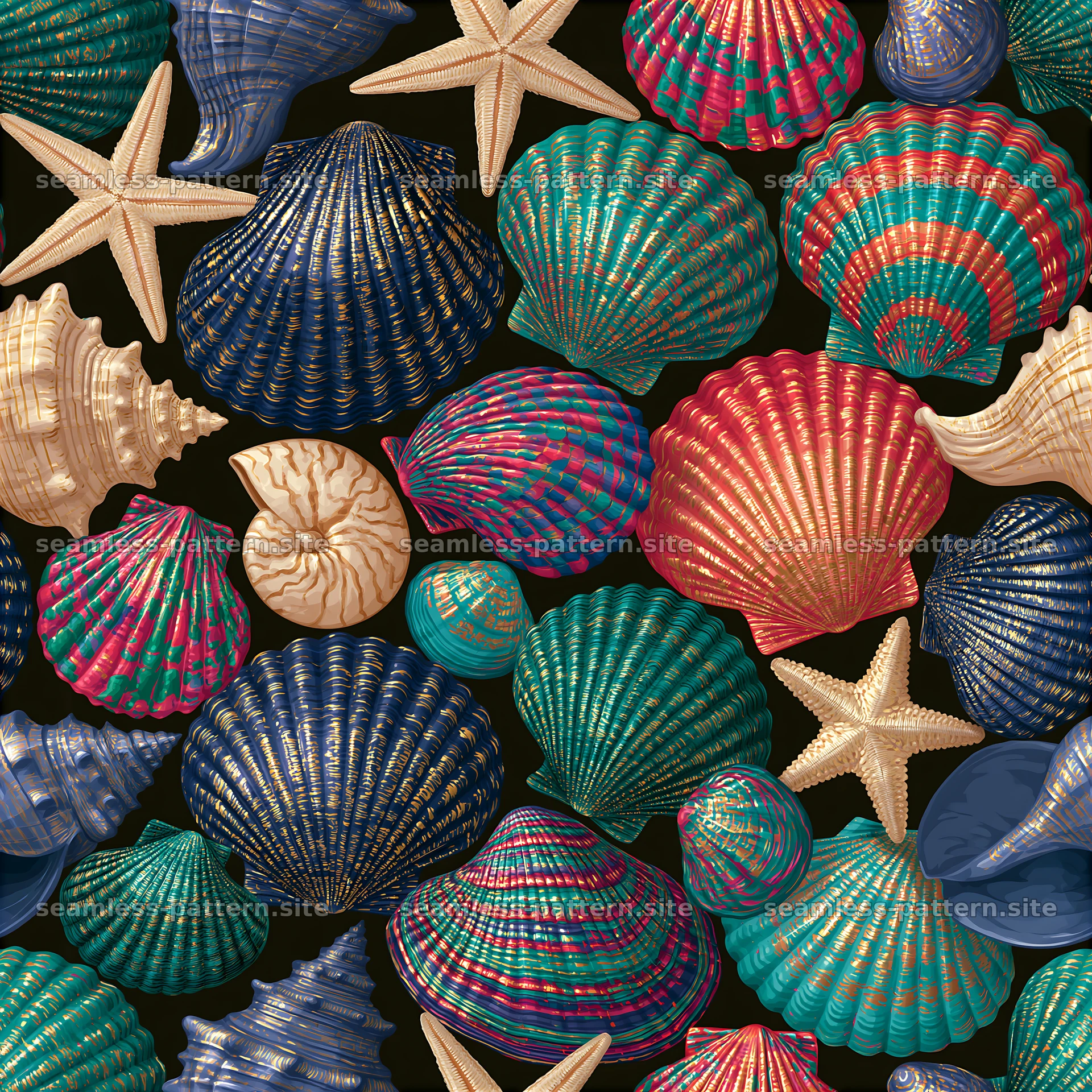 Colorful seashells and starfish seamless pattern for various uses — seamless tileable pattern at 8192x8192