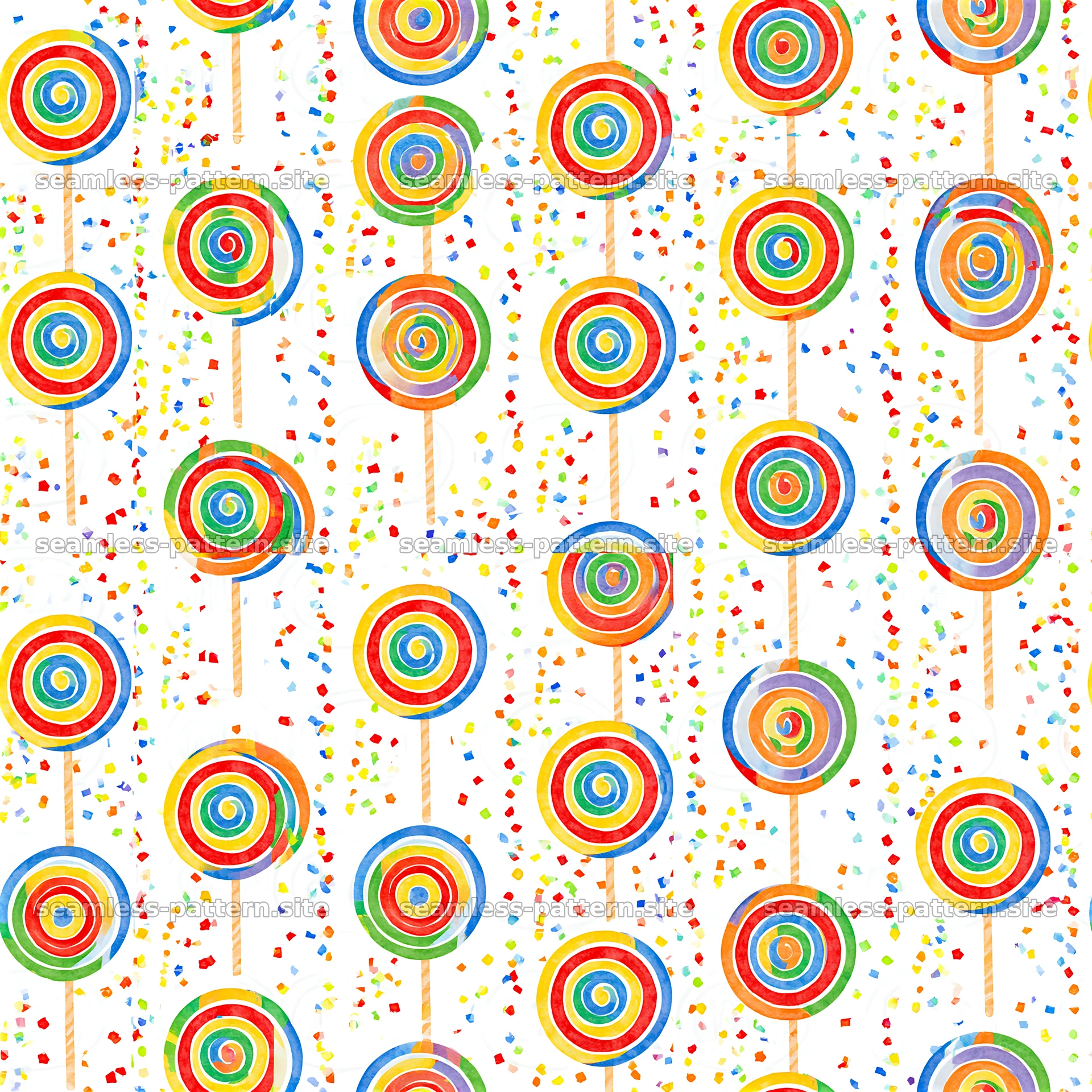 Colorful lollipops with confetti on a light background — seamless tileable pattern at 8192x8192