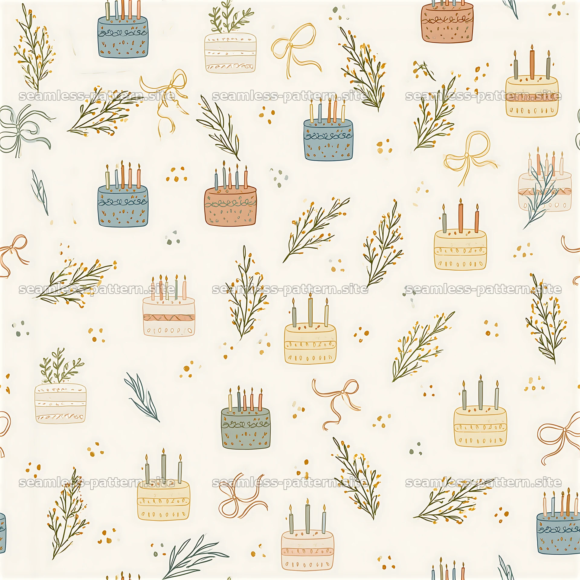 Birthday doodle seamless pattern with cakes and decorative elements — seamless tileable pattern at 8192x8192