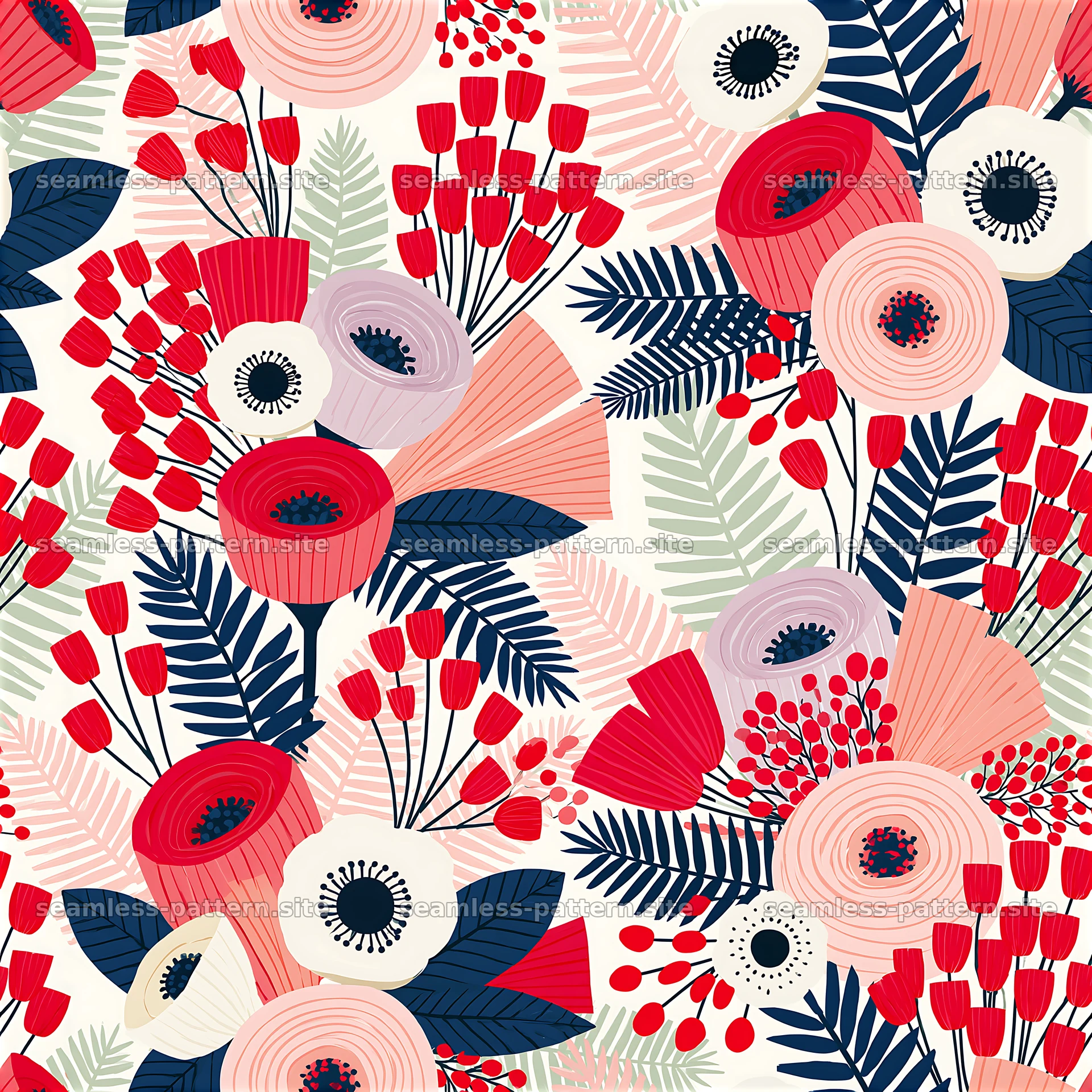 Colorful floral design with red and navy motifs on light background — seamless tileable pattern at 8192x8192