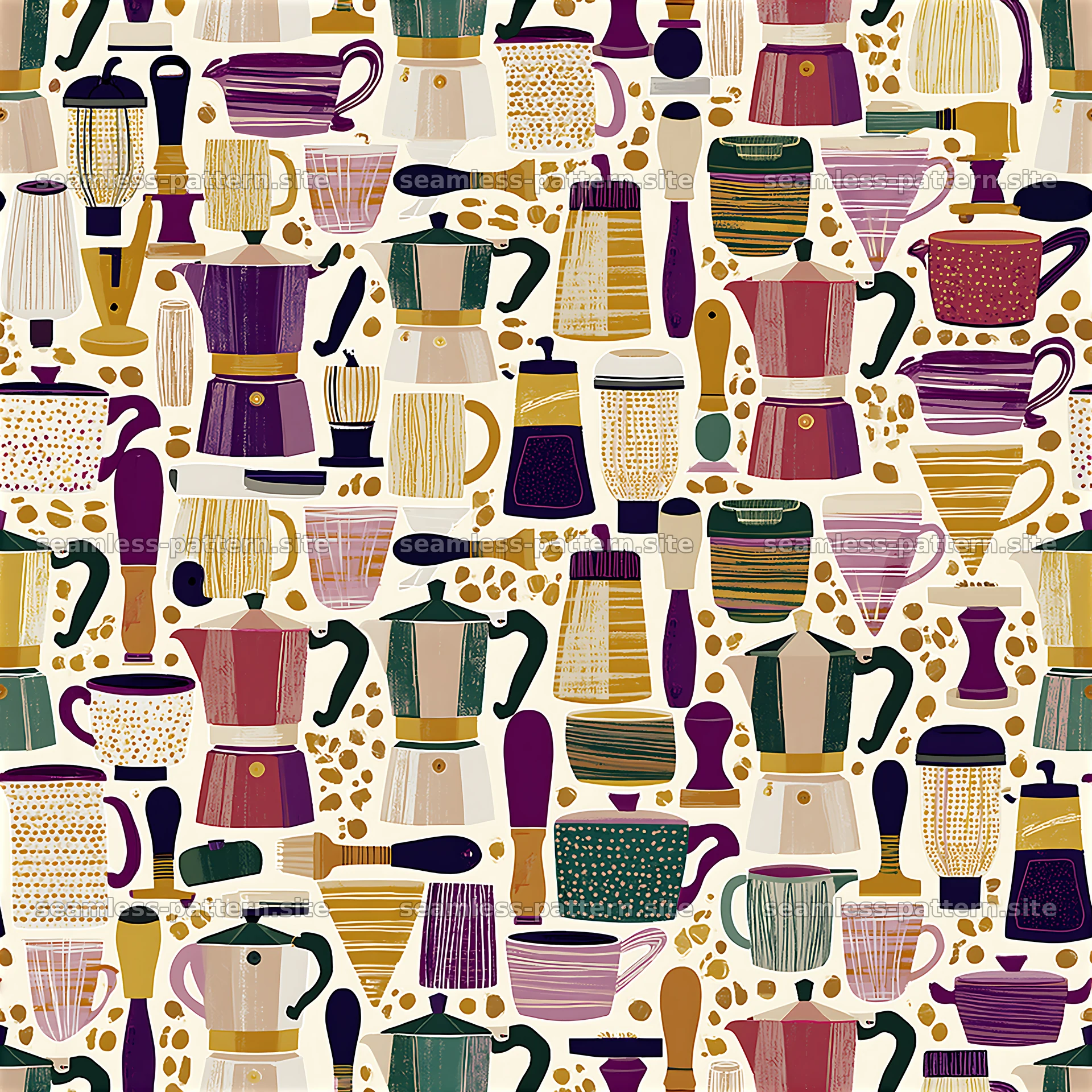 Colorful Coffee Makers and Brewing Tools Seamless Pattern — seamless tileable pattern at 8192x8192