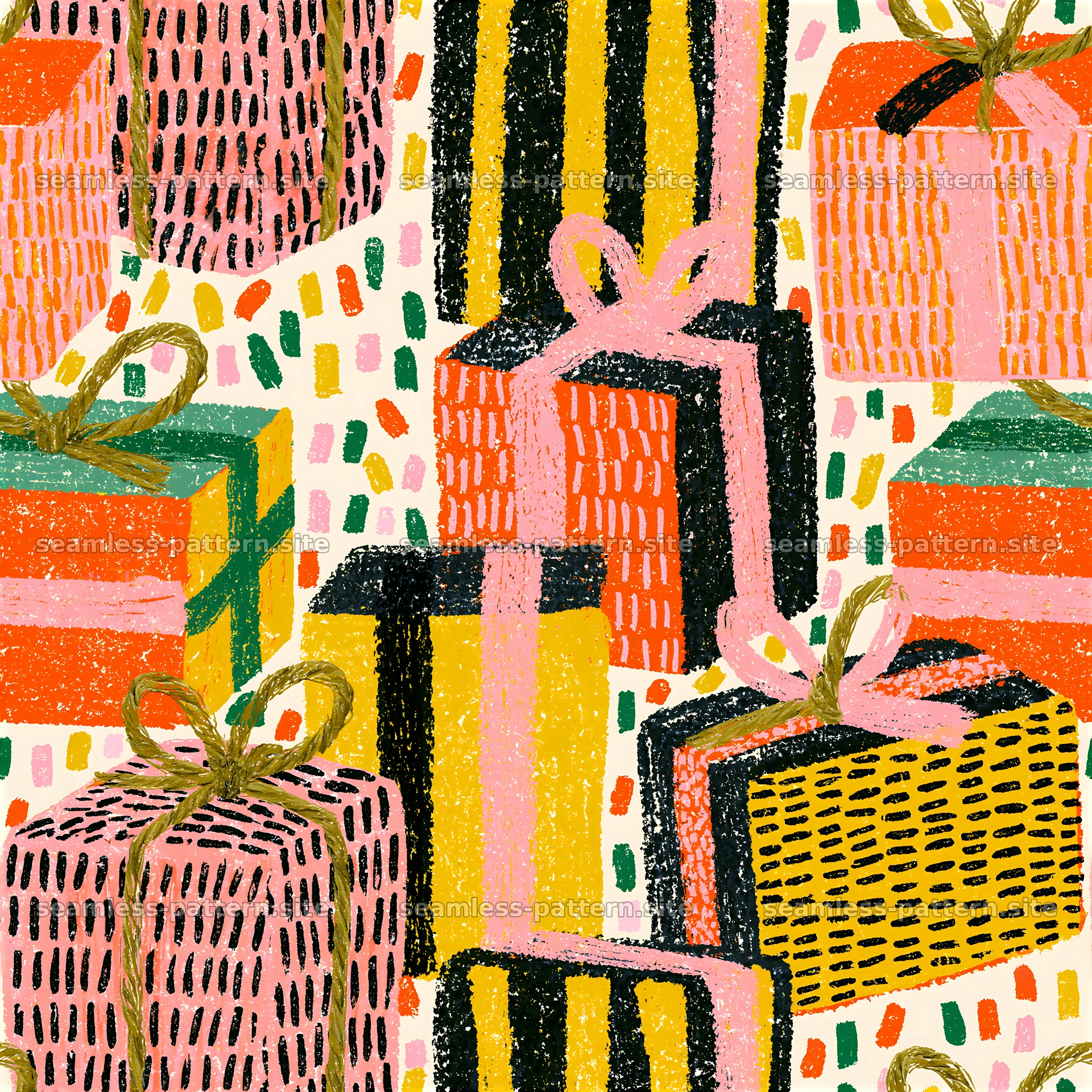 Colorful seamless pattern of gift boxes for celebrations — seamless tileable pattern at 8192x8192
