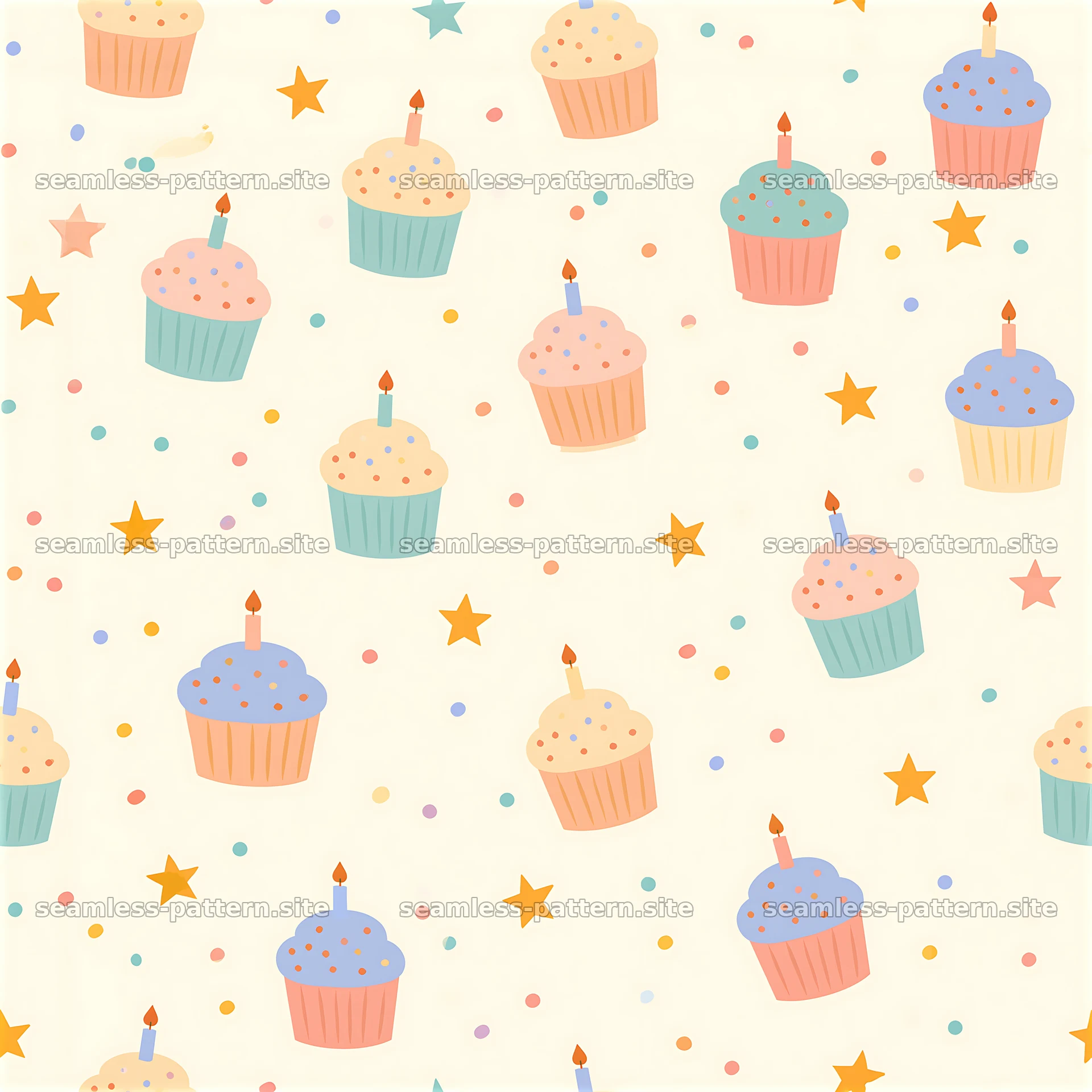 Birthday party sweets seamless pattern with cupcakes and stars — seamless tileable pattern at 8192x8192