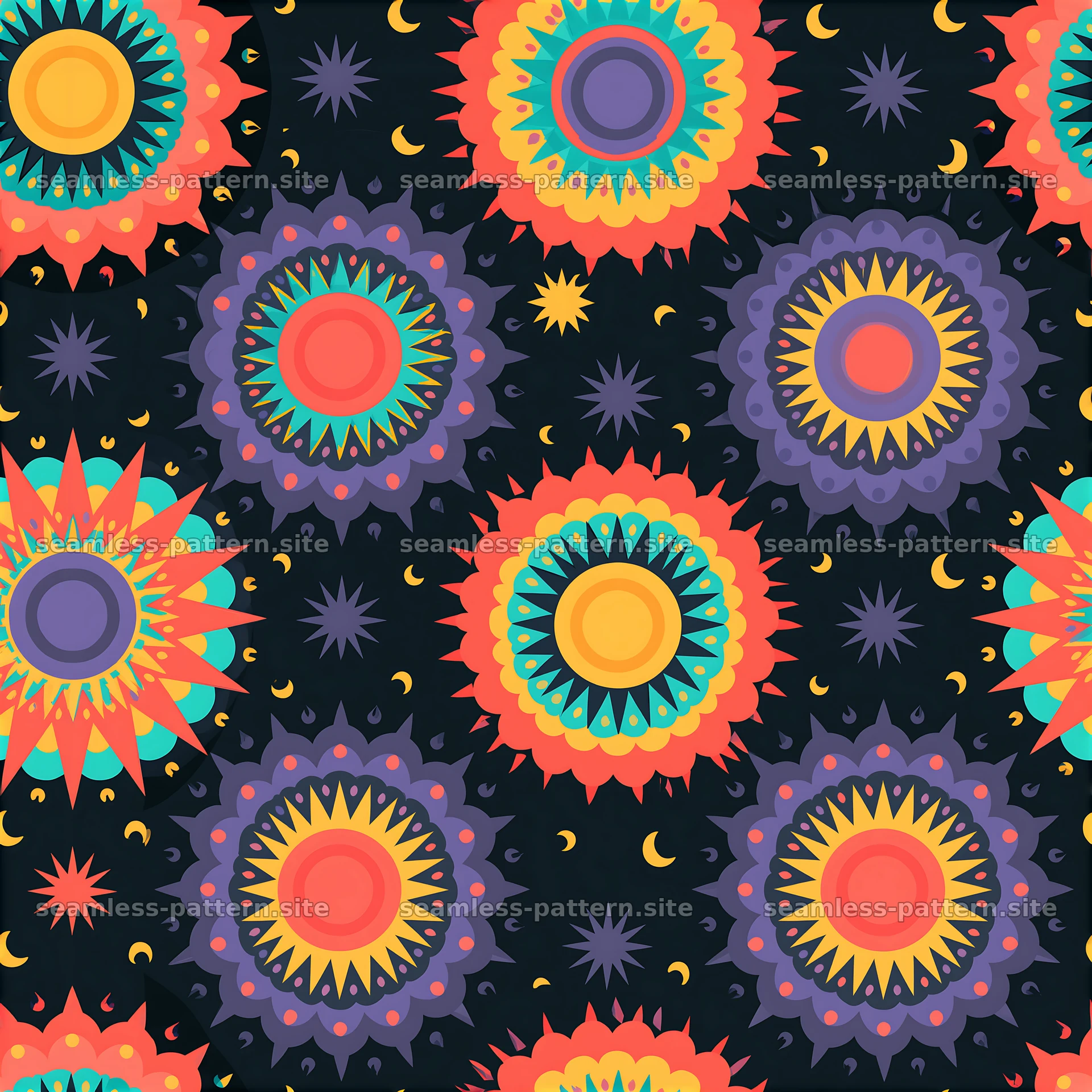 Vibrant sun shapes seamless pattern in bright colors on dark background — seamless tileable pattern at 8192x8192