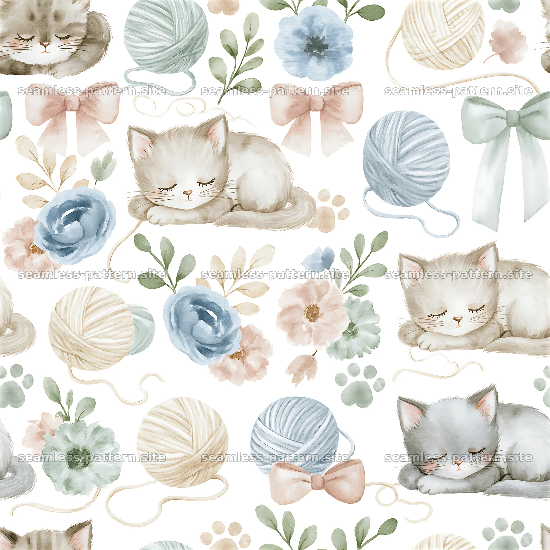 Seamless watercolor nursery pattern featuring cats, flowers, and yarn — seamless tileable pattern at 8192x8192