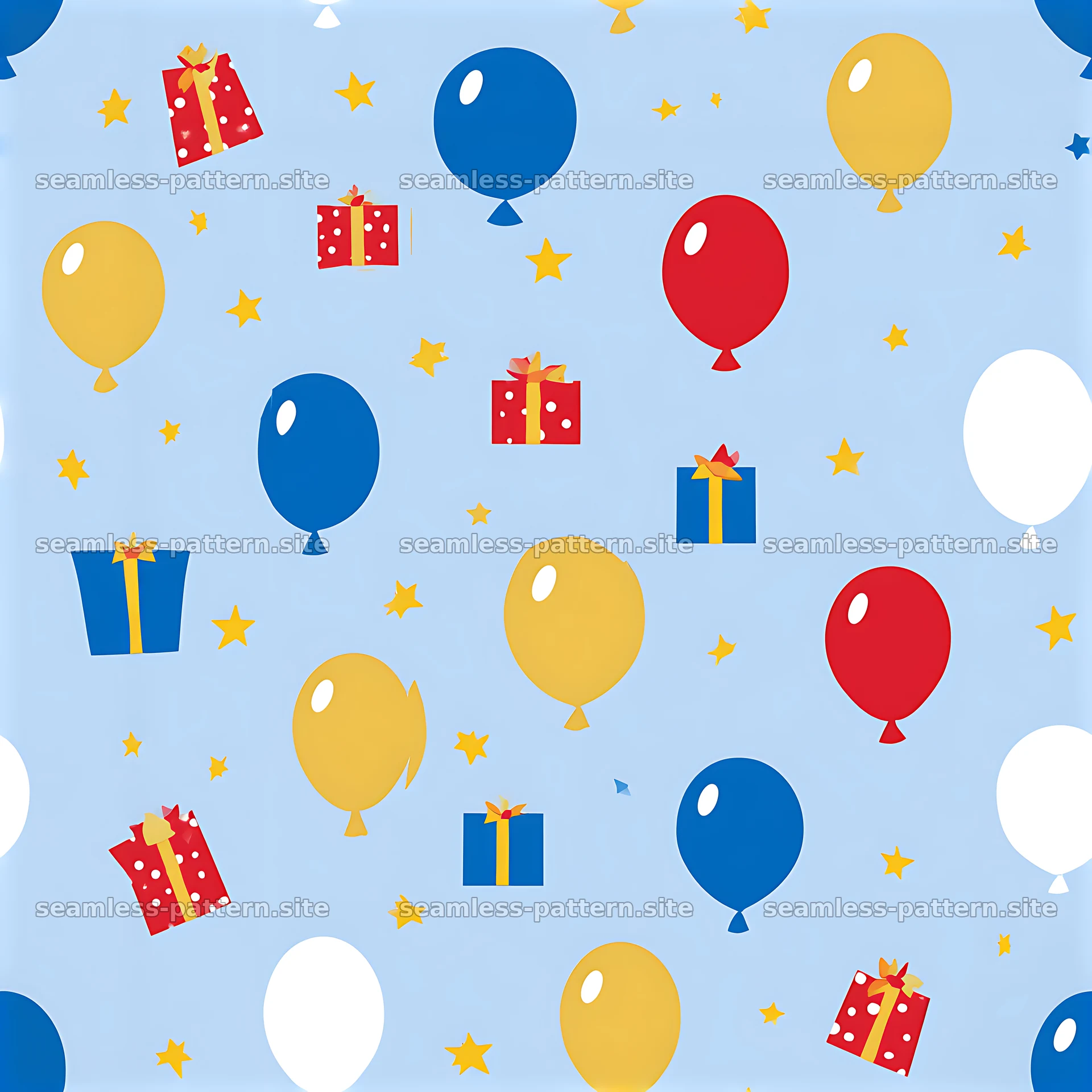 Seamless pattern with balloons and presents in bright colors — seamless tileable pattern at 8192x8192