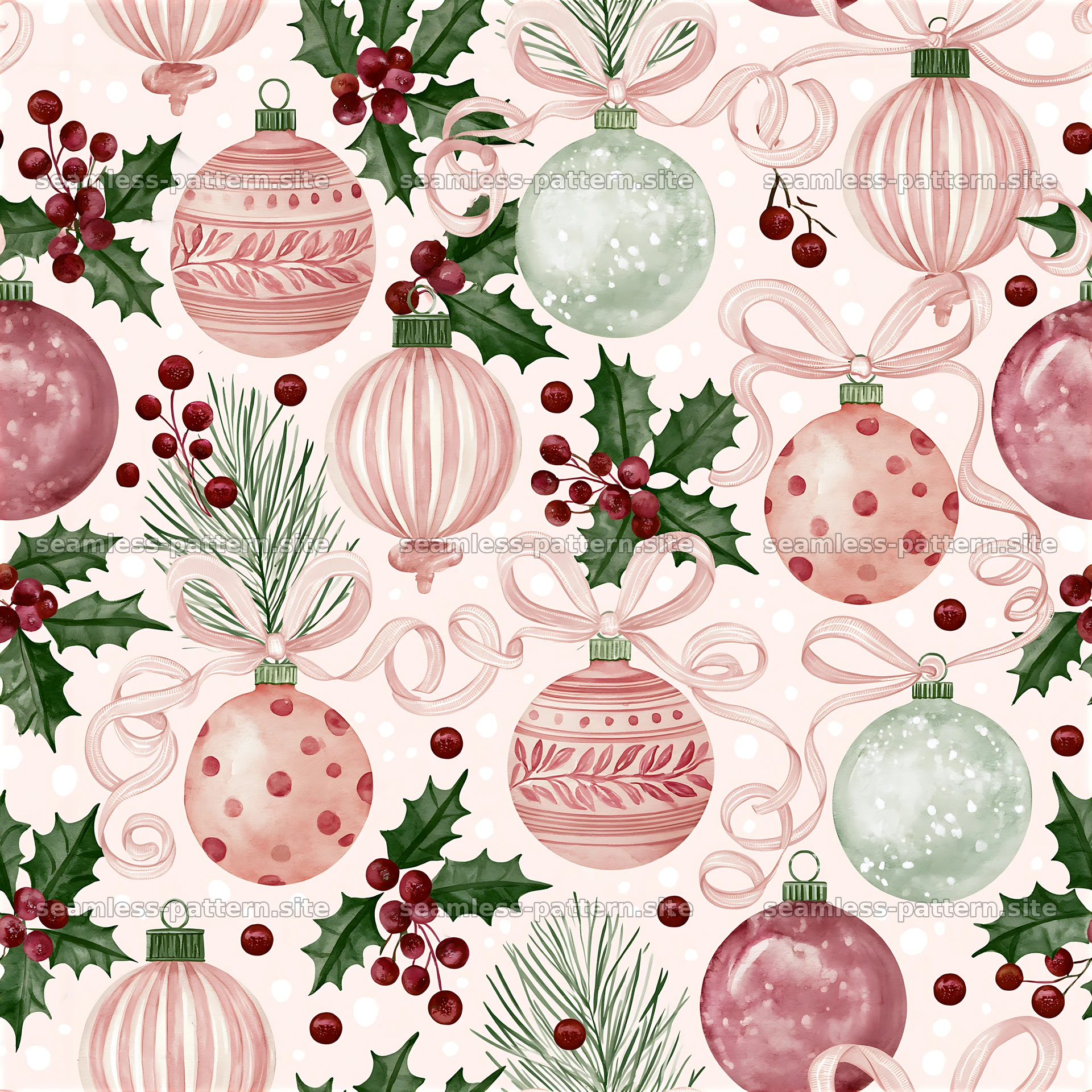 Watercolor Christmas Ornament and Holly Seamless Pattern — seamless tileable pattern at 8192x8192