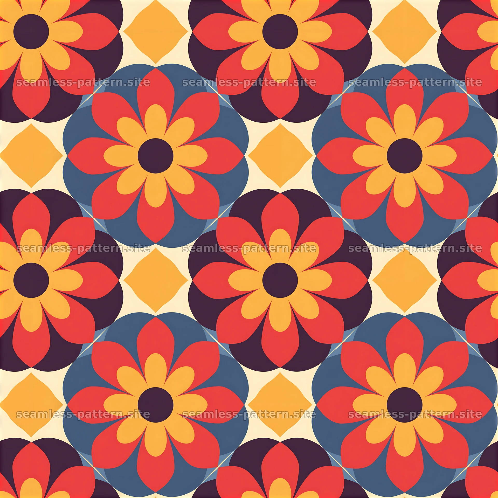 Retro flower seamless pattern with colorful floral motifs and shapes — seamless tileable pattern at 8192x8192