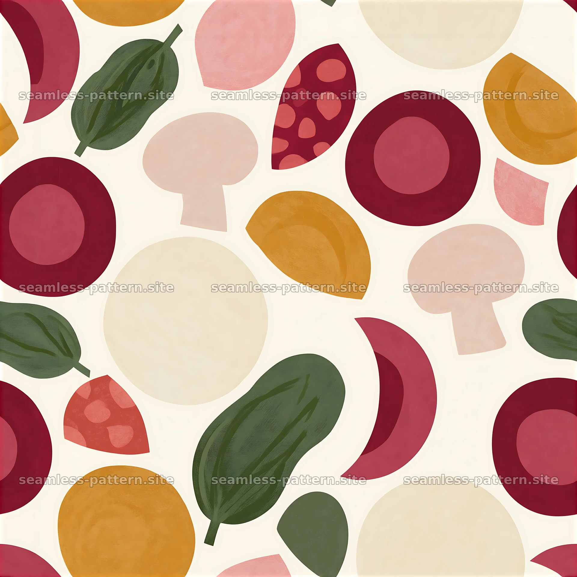 Seamless pizza toppings pattern with vegetables and meats on light — seamless tileable pattern at 8192x8192