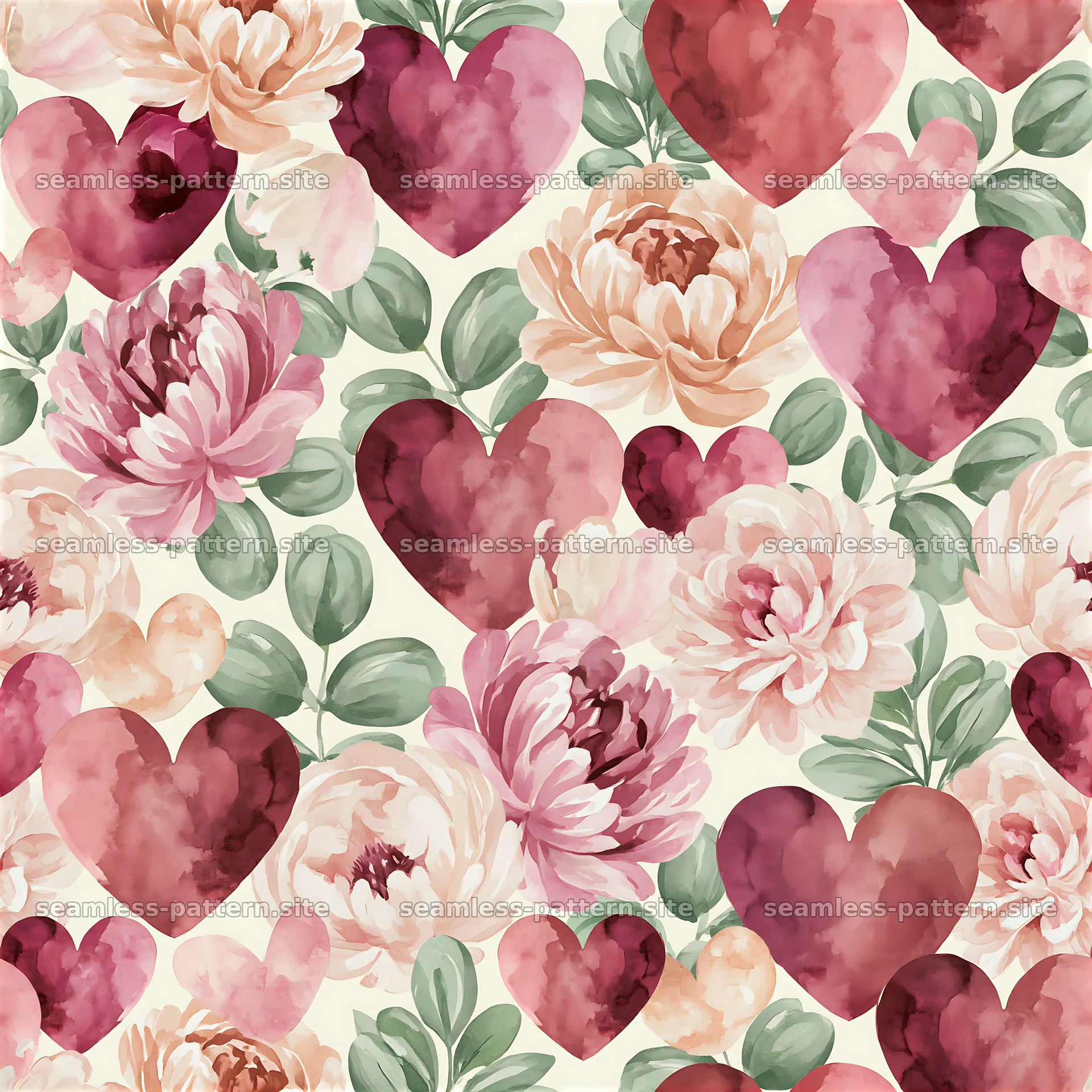 Watercolor Hearts and Flowers Seamless Pattern — seamless tileable pattern at 8192x8192