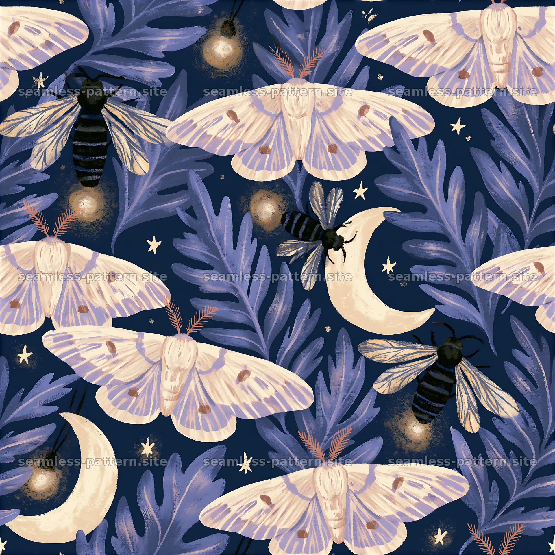 Insects and celestial elements in a seamless pattern design — seamless tileable pattern at 8192x8192