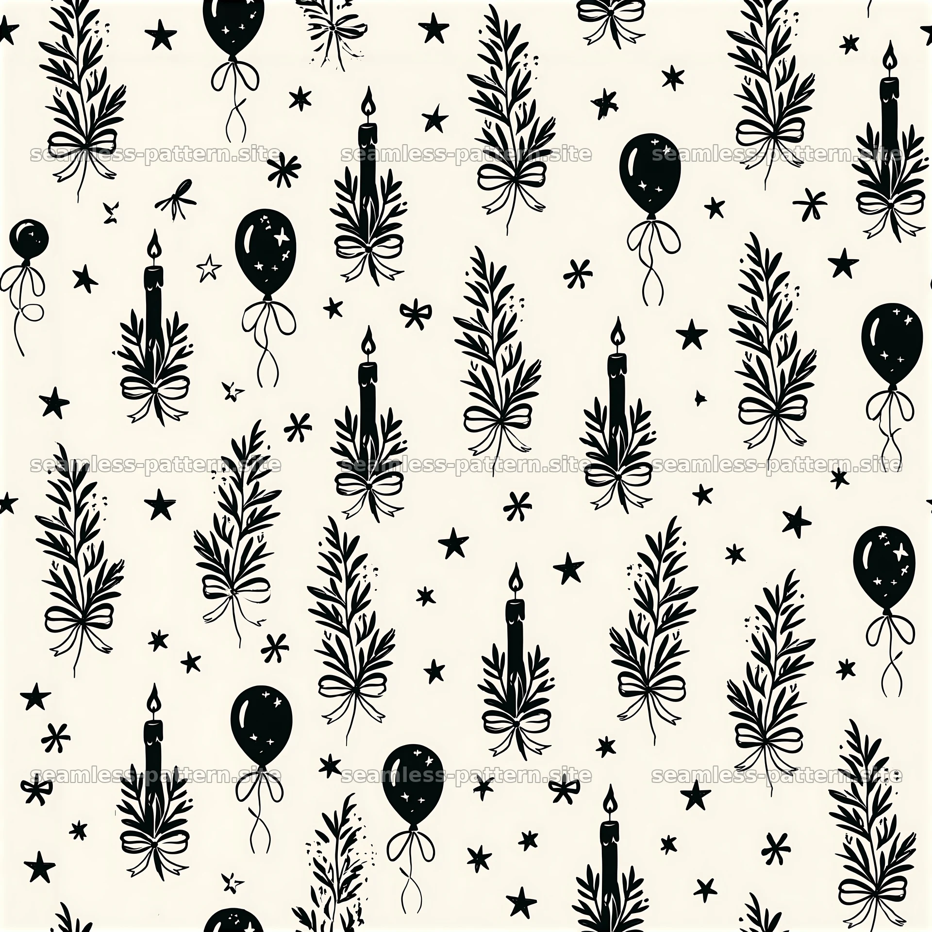 Birthday black and white seamless pattern with balloons and candles — seamless tileable pattern at 8192x8192
