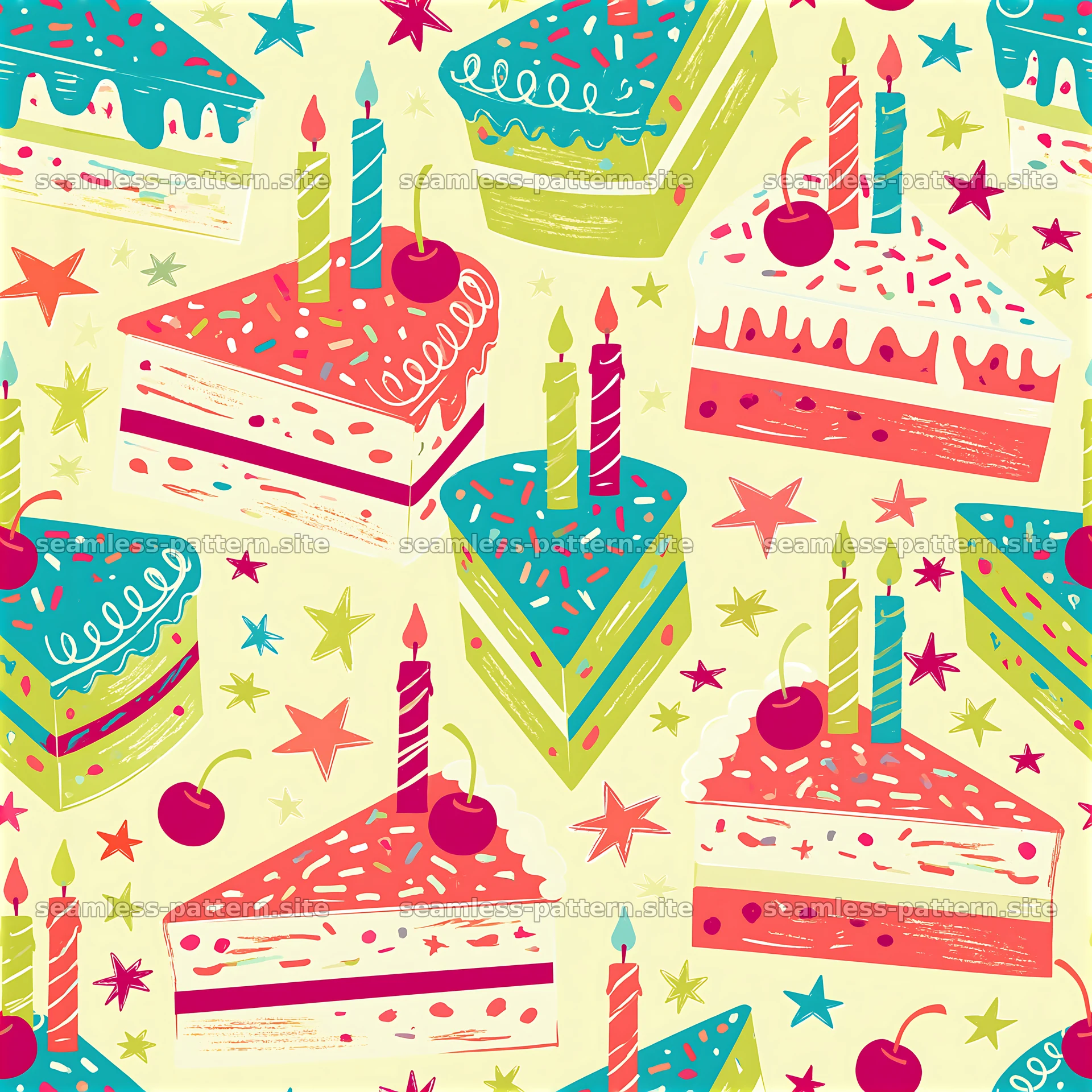Colorful Birthday Cake and Candle Seamless Pattern — seamless tileable pattern at 8192x8192