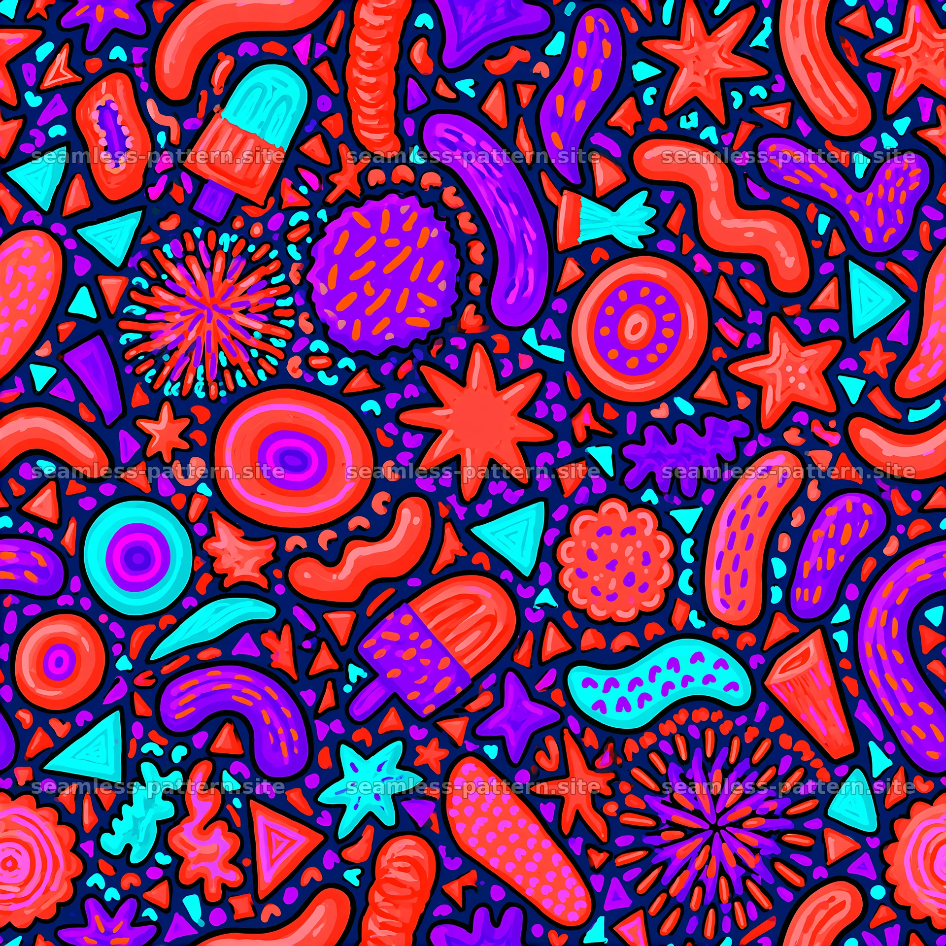 Colorful abstract seamless pattern with varied shapes and motifs — seamless tileable pattern at 8192x8192