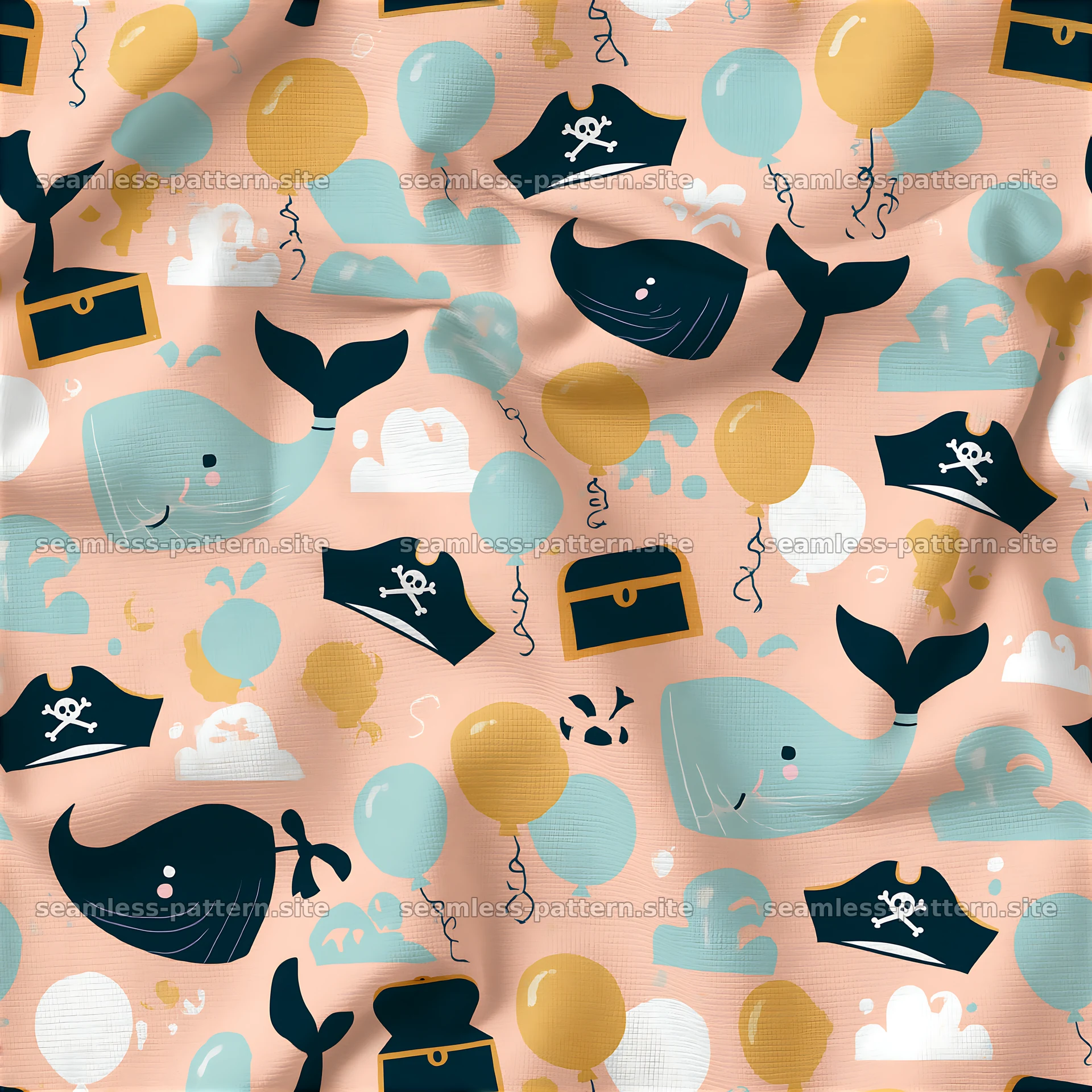 Birthday pirate party seamless pattern with whales and balloons — seamless tileable pattern at 8192x8192