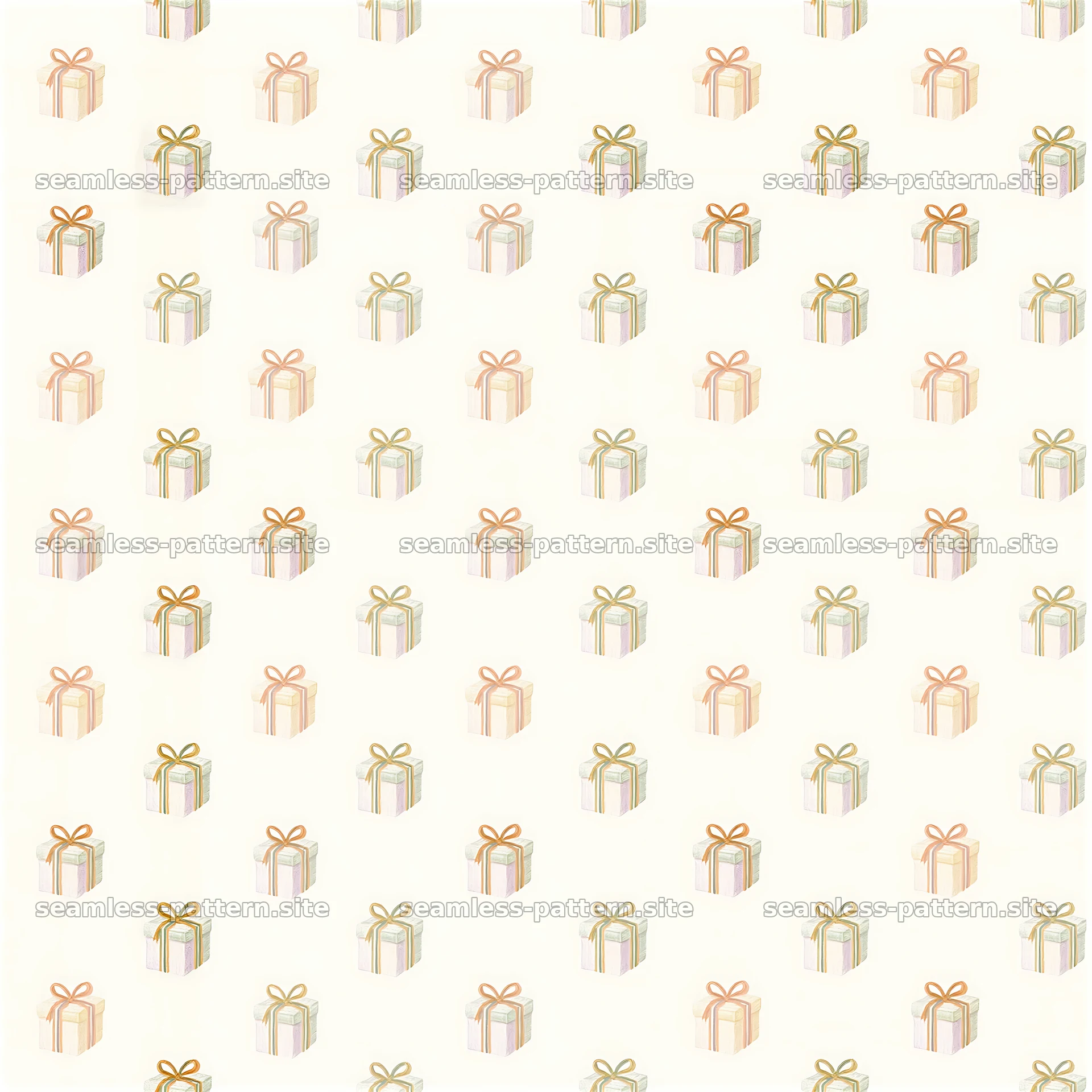 Repeat pattern of gift boxes with striped ribbons in pastel colors — seamless tileable pattern at 8192x8192
