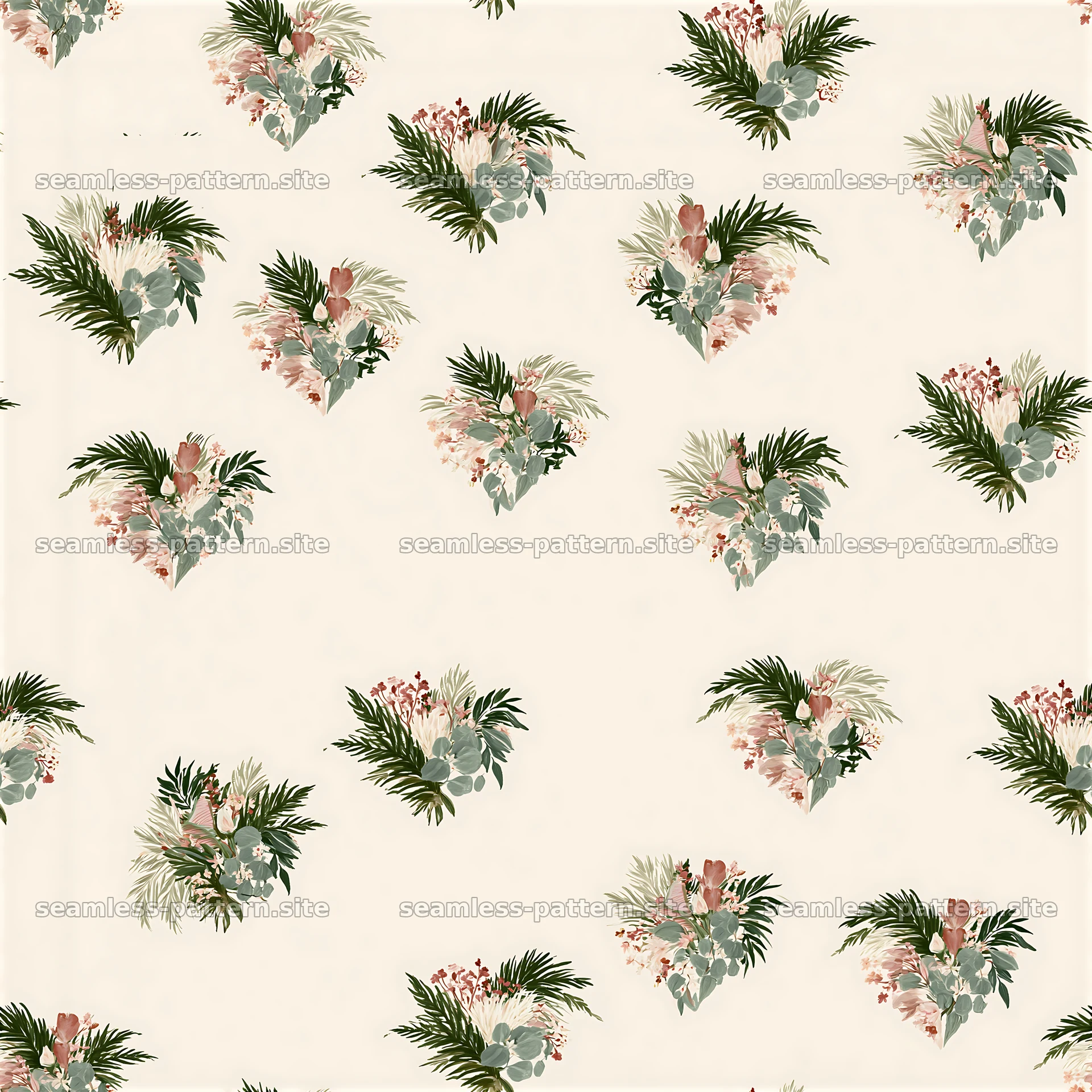 Floral heart pattern with leaves and flowers on light background — seamless tileable pattern at 8192x8192
