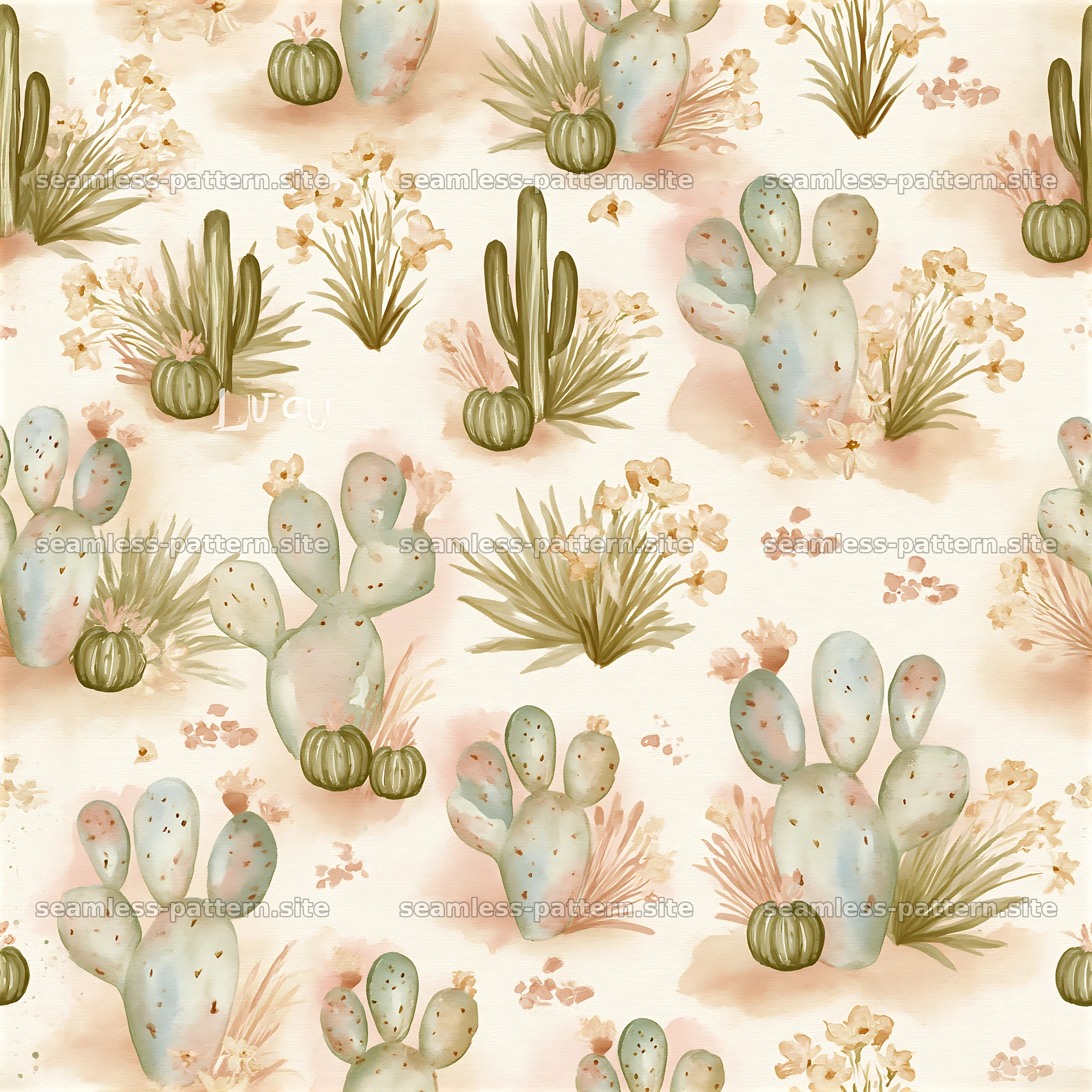 Seamless watercolor desert pattern with cacti and flowers — seamless tileable pattern at 8192x8192